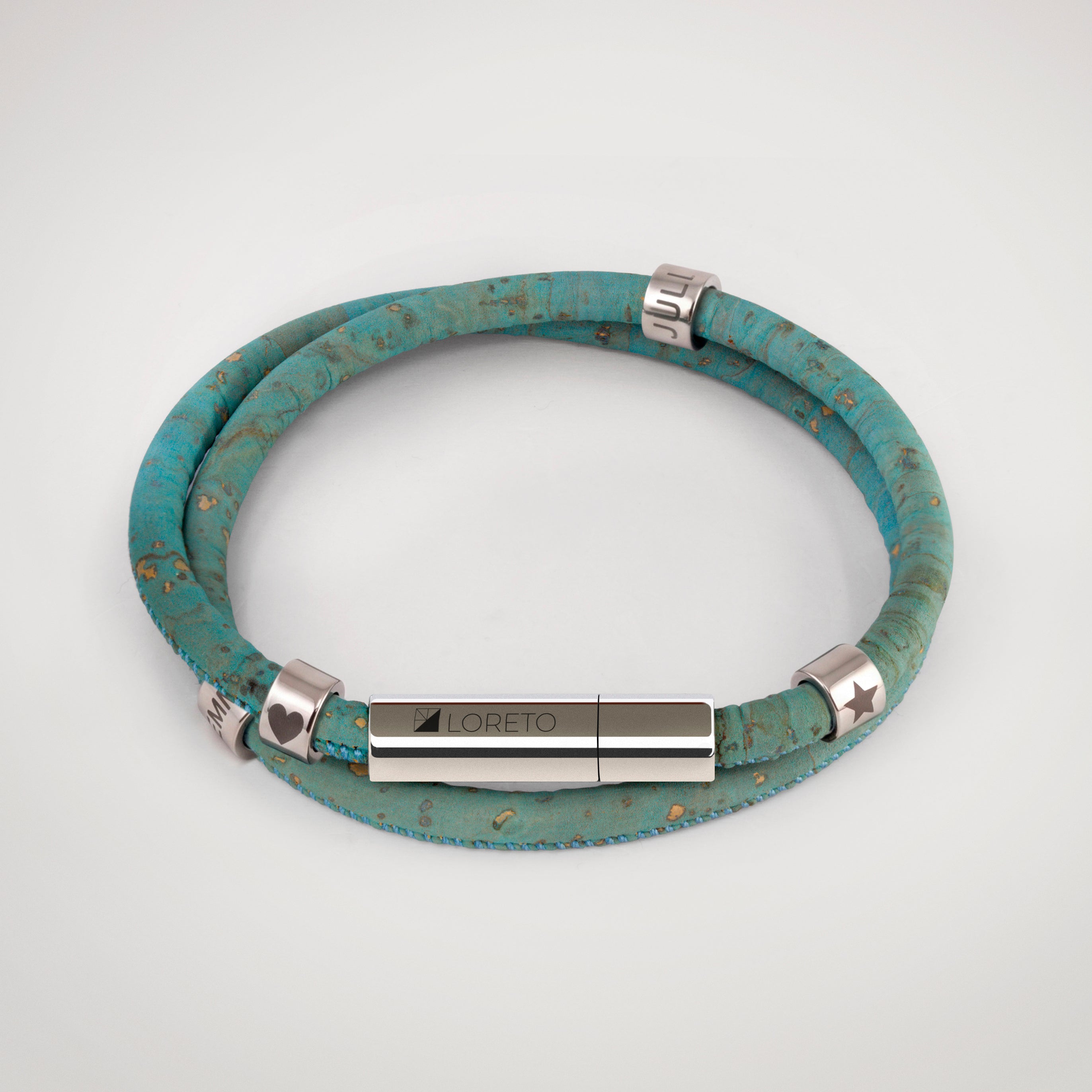 Double blue bracelet made from natural cork fiber and titanium.