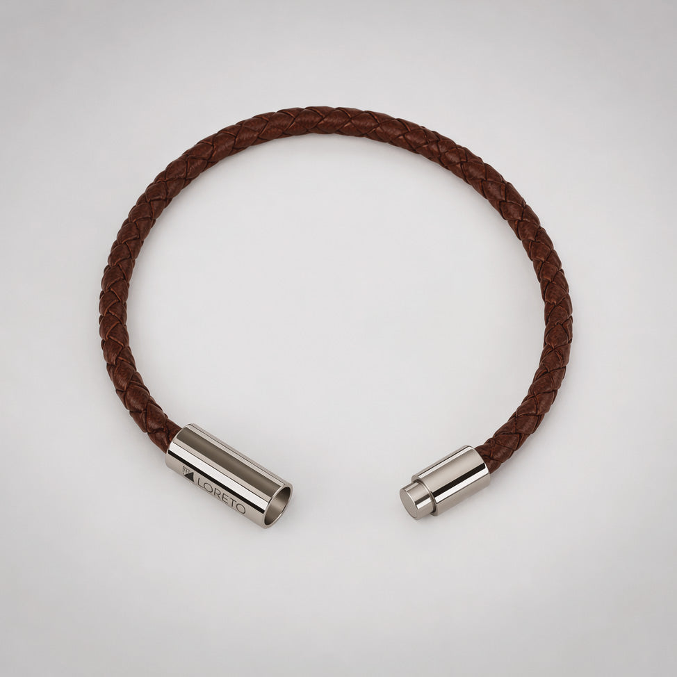 Brown Braided Leather Bracelet in 100% Argentine Leather and Titanium