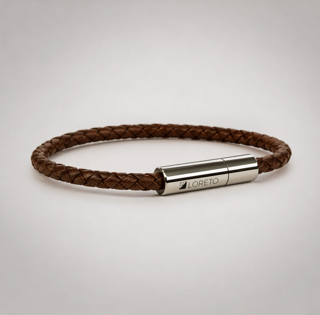 Brown Braided Leather Bracelet in 100% Argentine Leather and Titanium