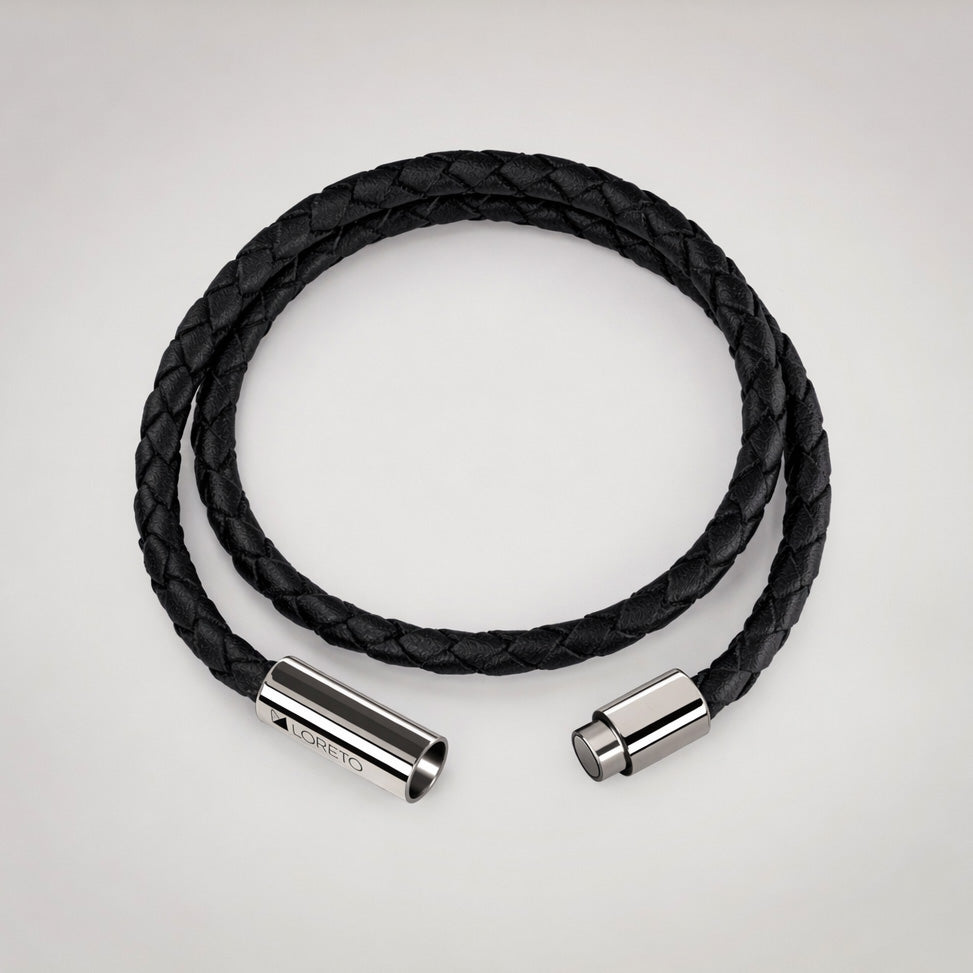 Black Double Braided Leather Bracelet in 100% Argentine Leather and Titanium