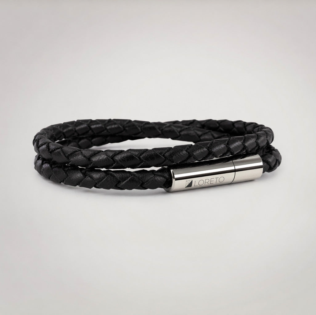 Black Double Braided Leather Bracelet in 100% Argentine Leather and Titanium