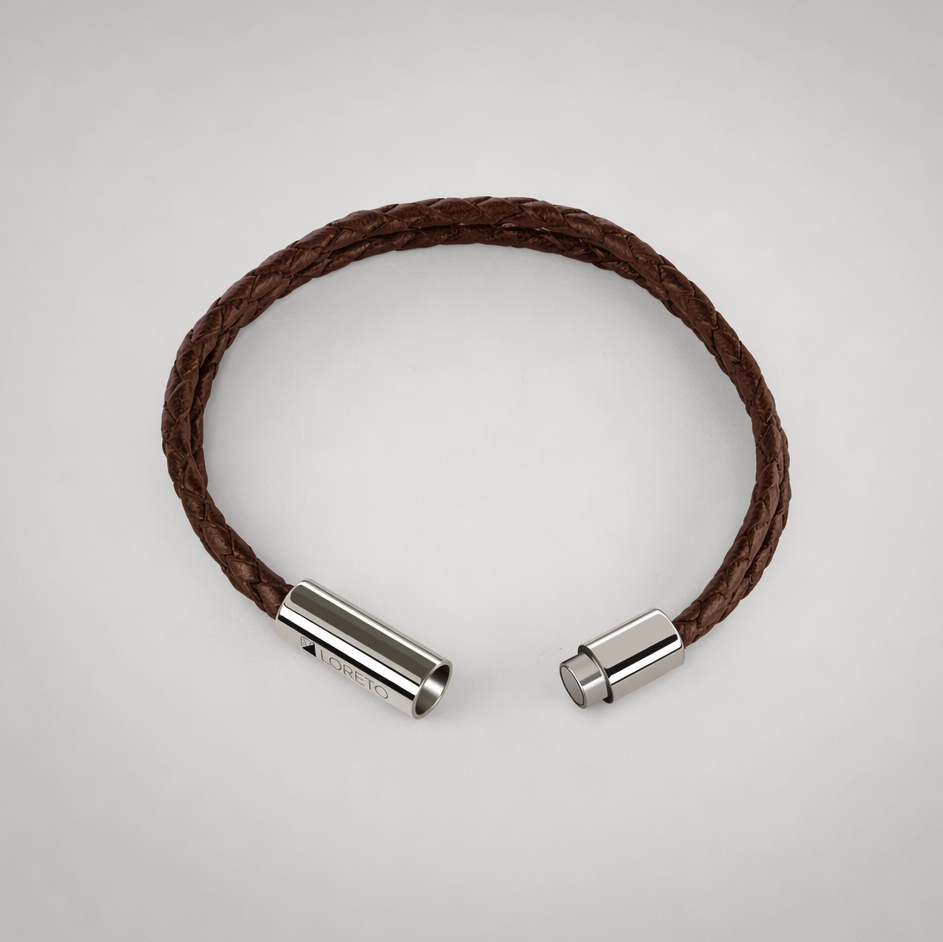 Geflochtenes braunes Lederarmband aus 100 % argentinischem Leder und Titan