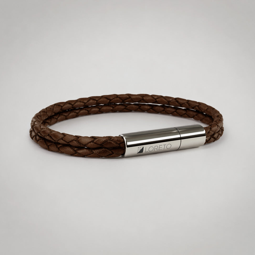 Braided Brown Leather Bracelet in 100% Argentine Leather and Titanium