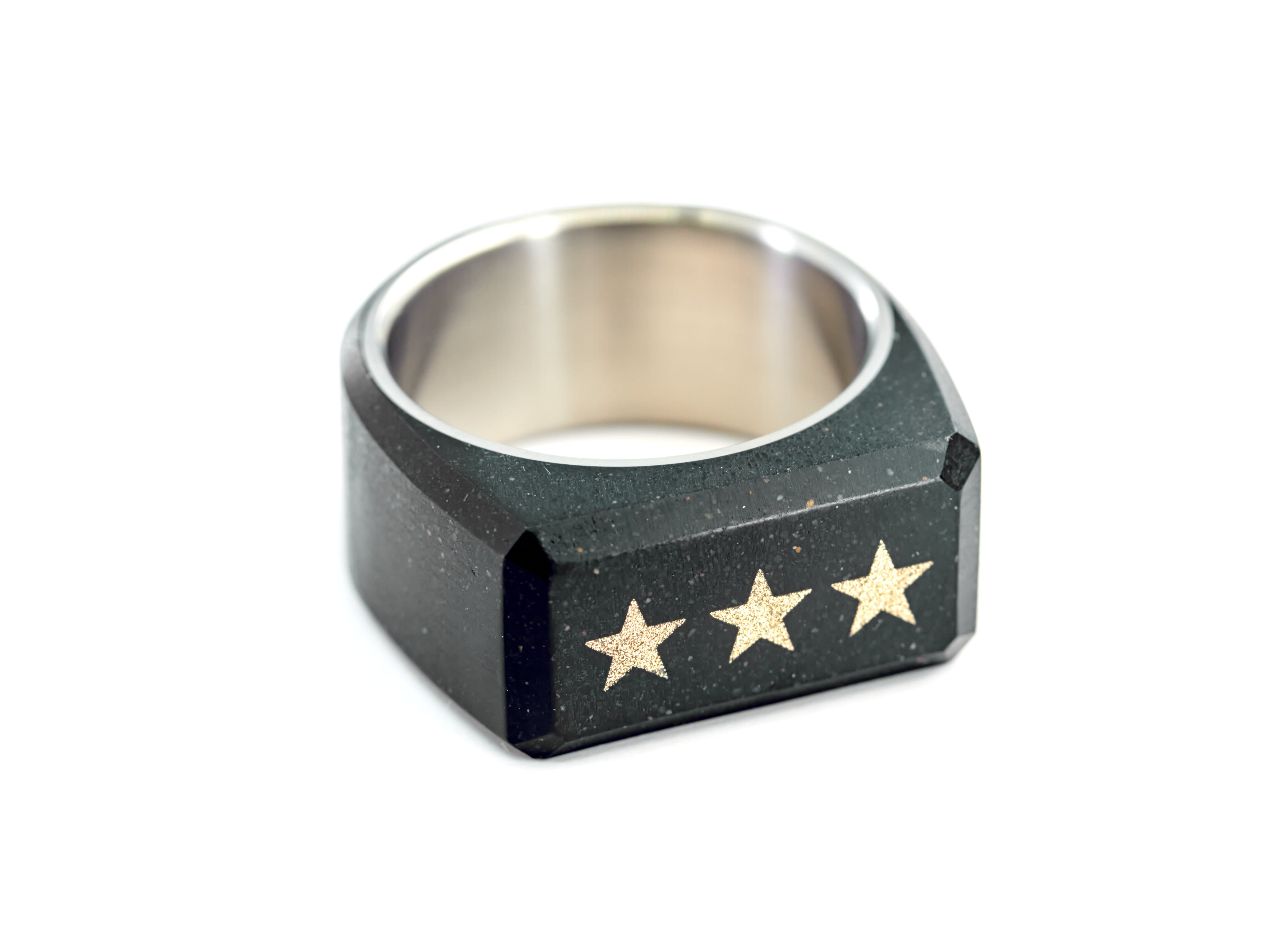Three Stars Ring of Black Concrete and Titanium