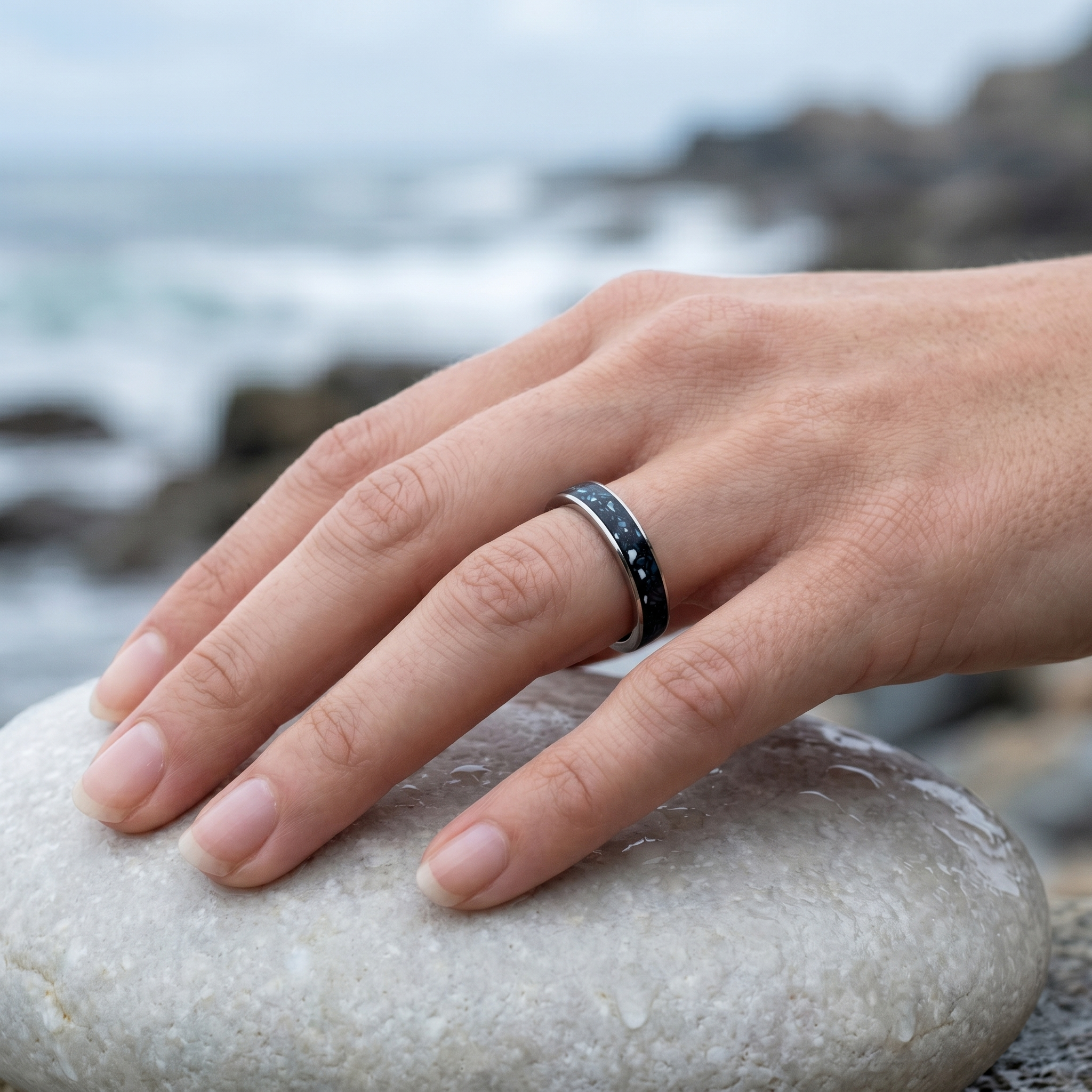 Nacre black concrete and titanium ring