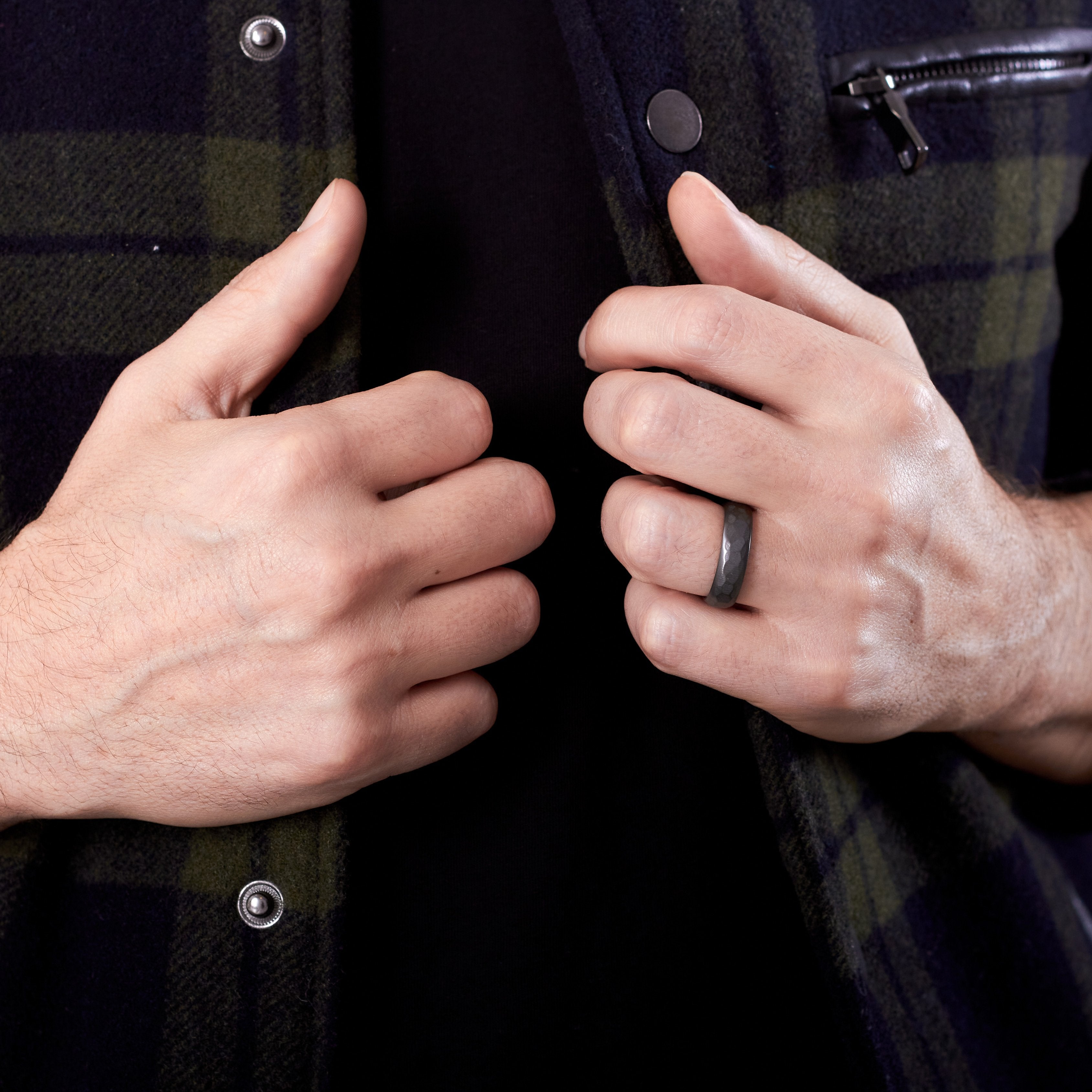 Hammered Black Zirconium & Wood ring