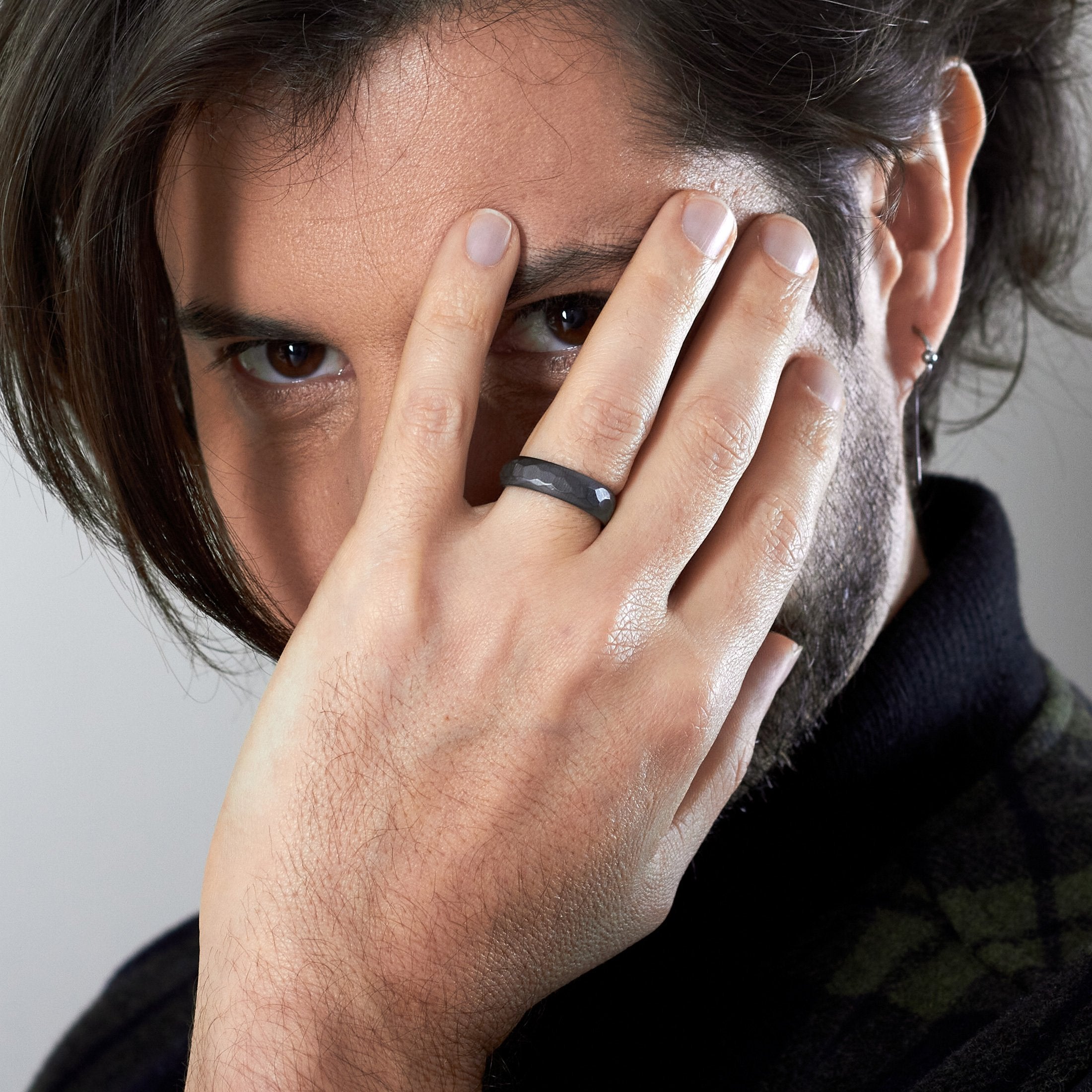 Hammered Black Zirconium & Wood ring