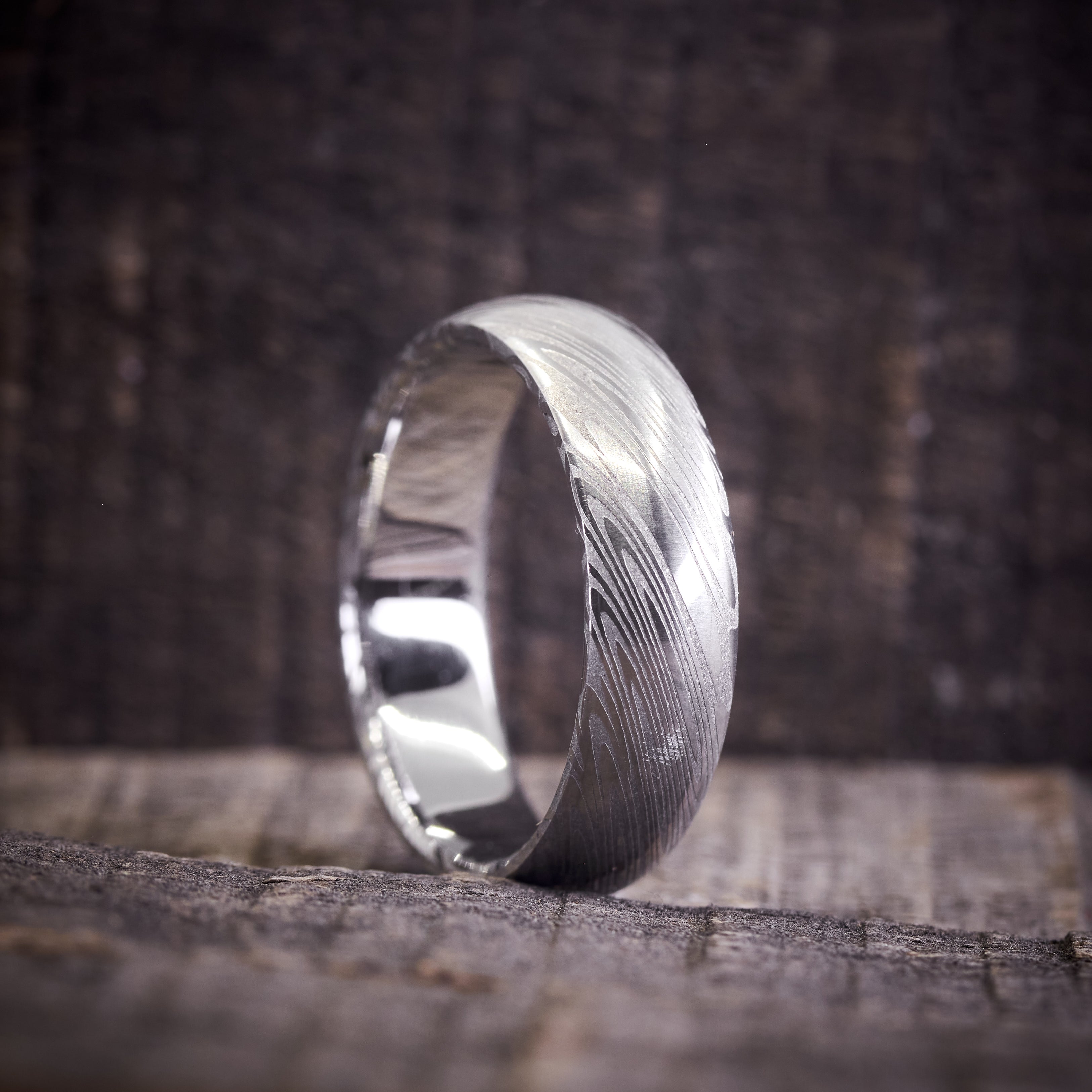 Polished Damascus steel men ring