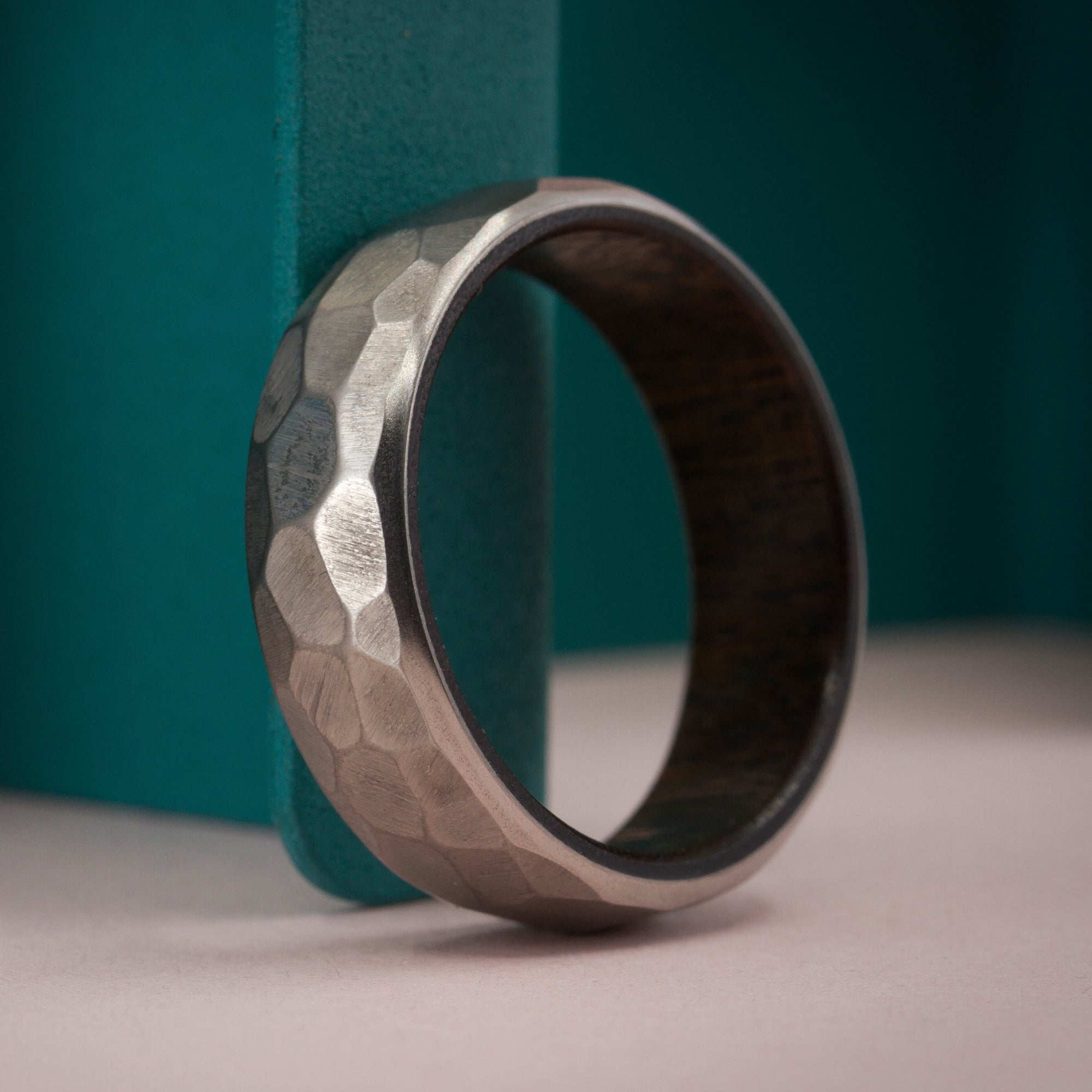 Hammered titanium and wood ring