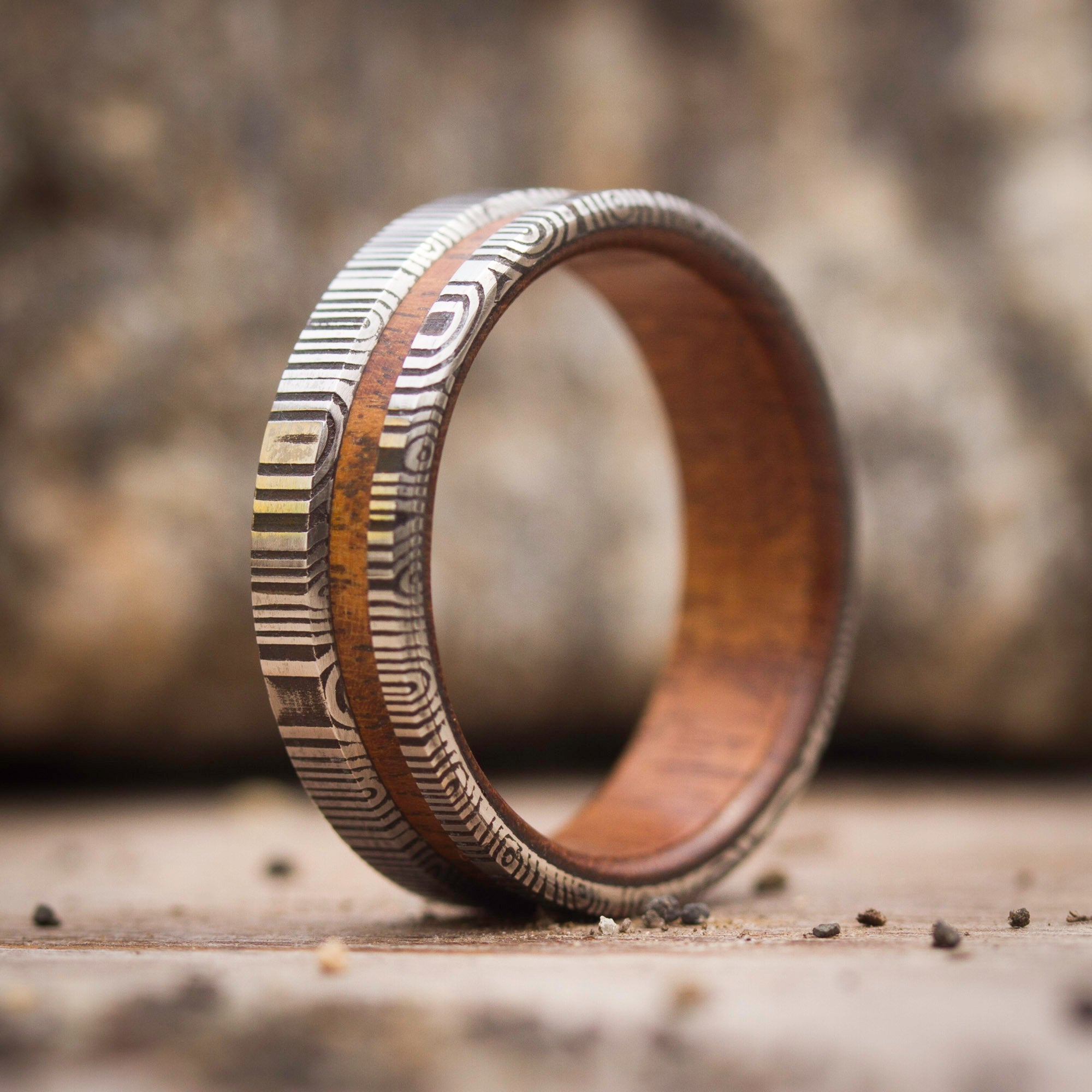 Darkened damascus steel & wood ring