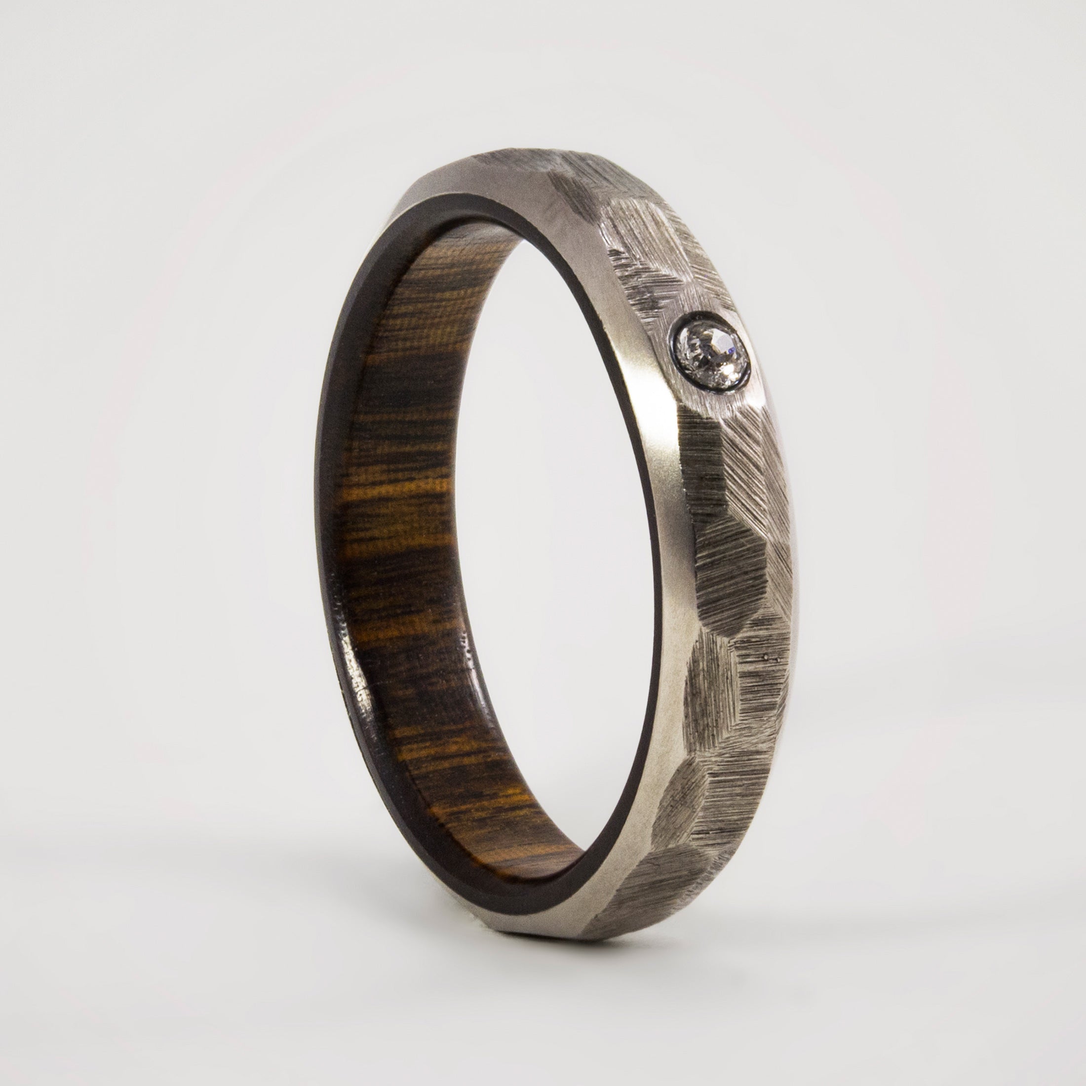 Hammered titanium and wood with crystal ring