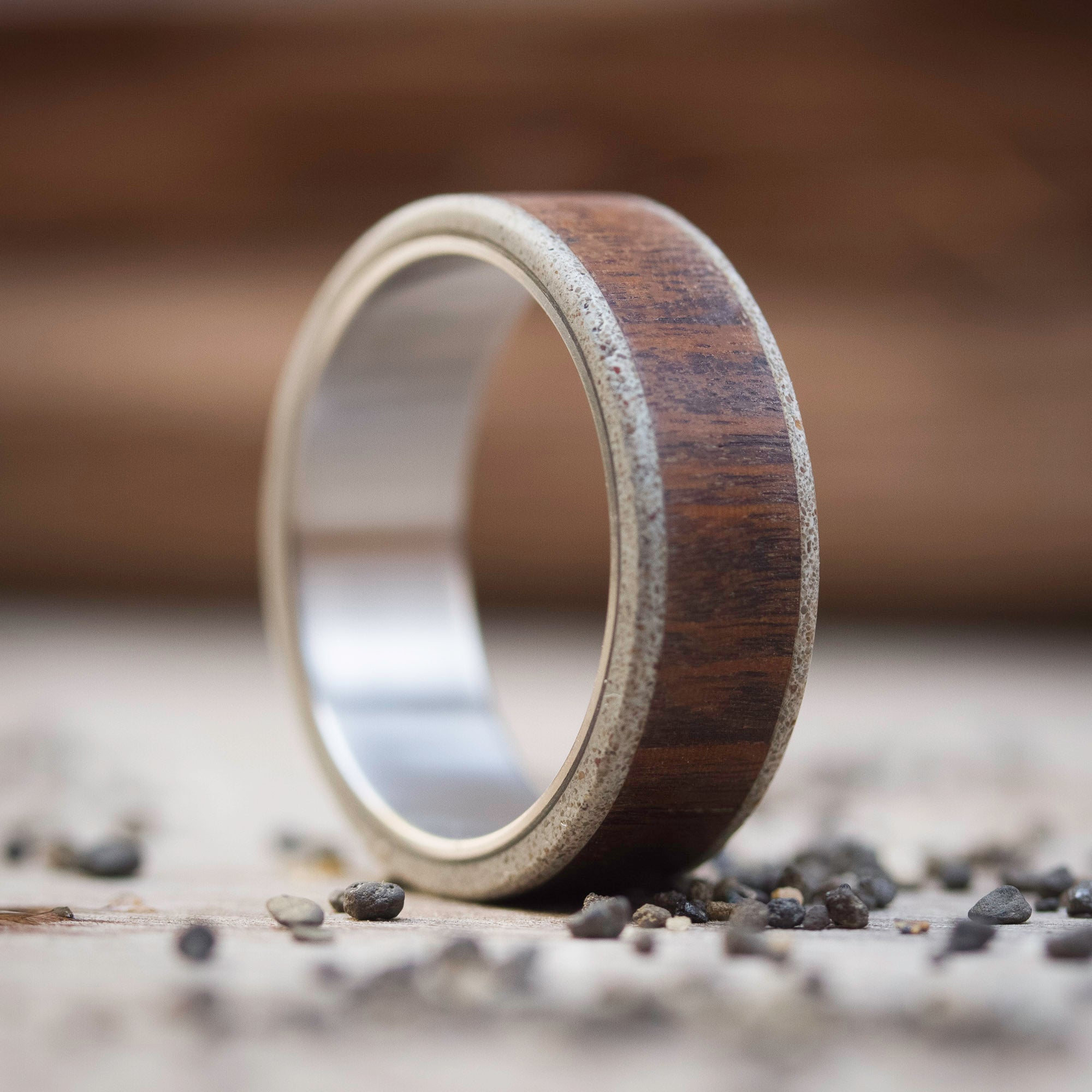 wood, gray concrete and titanium men ring