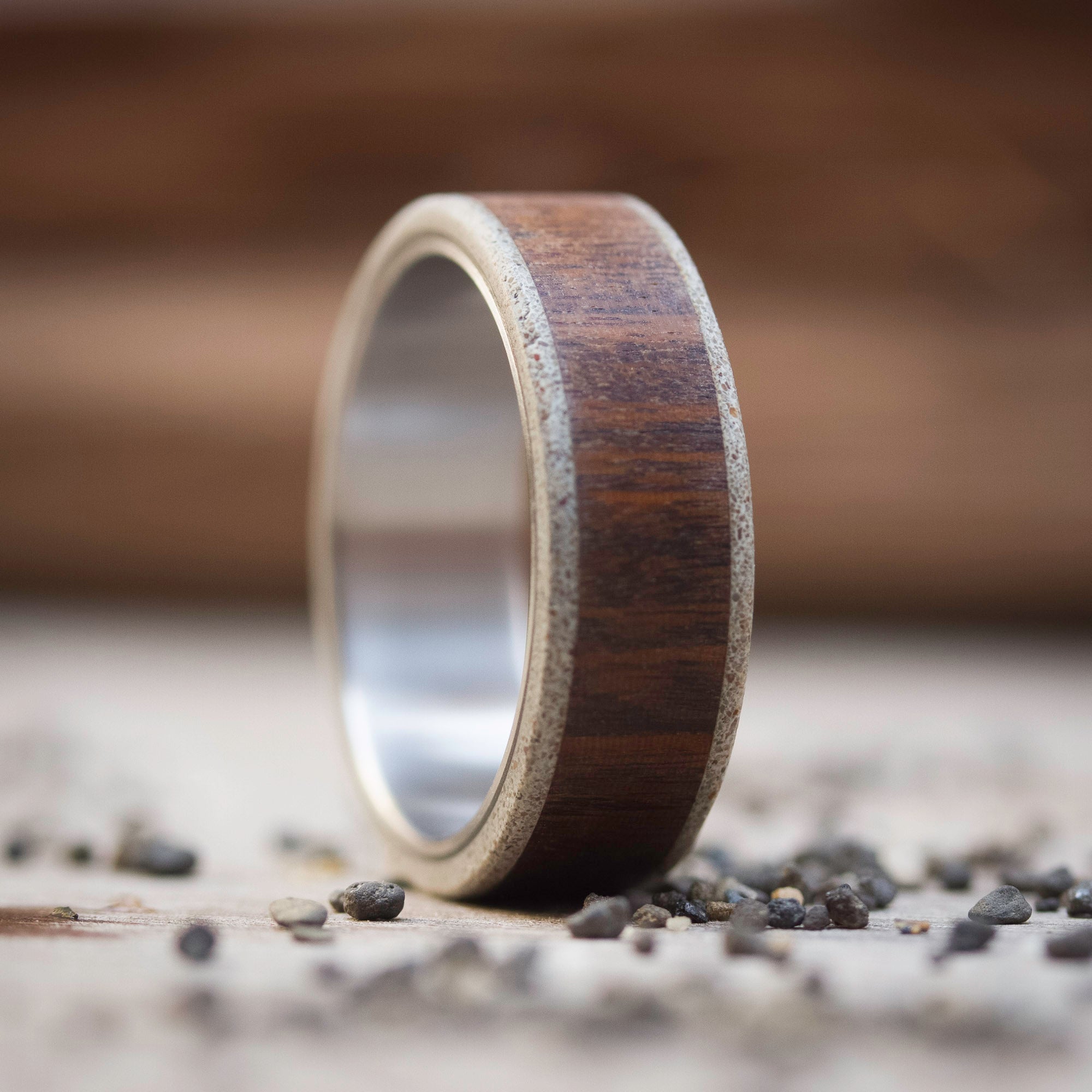 wood, gray concrete and titanium men ring