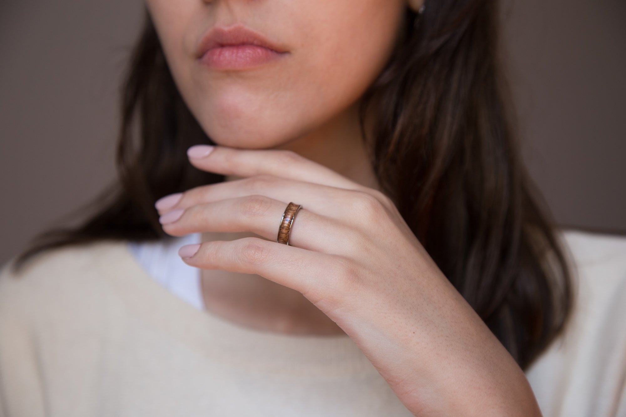 wood and polished titanium women ring