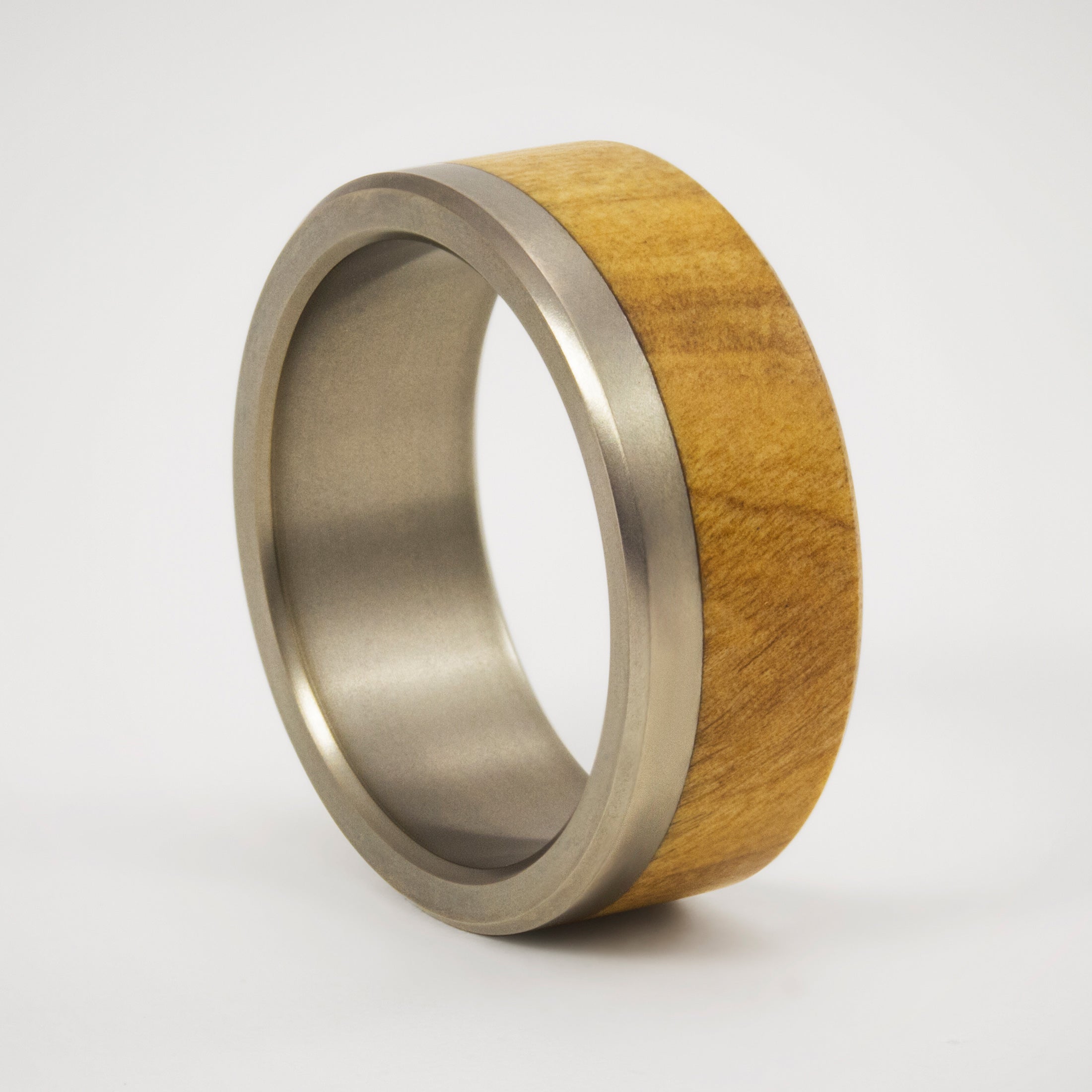 olive wood and matte titanium ring