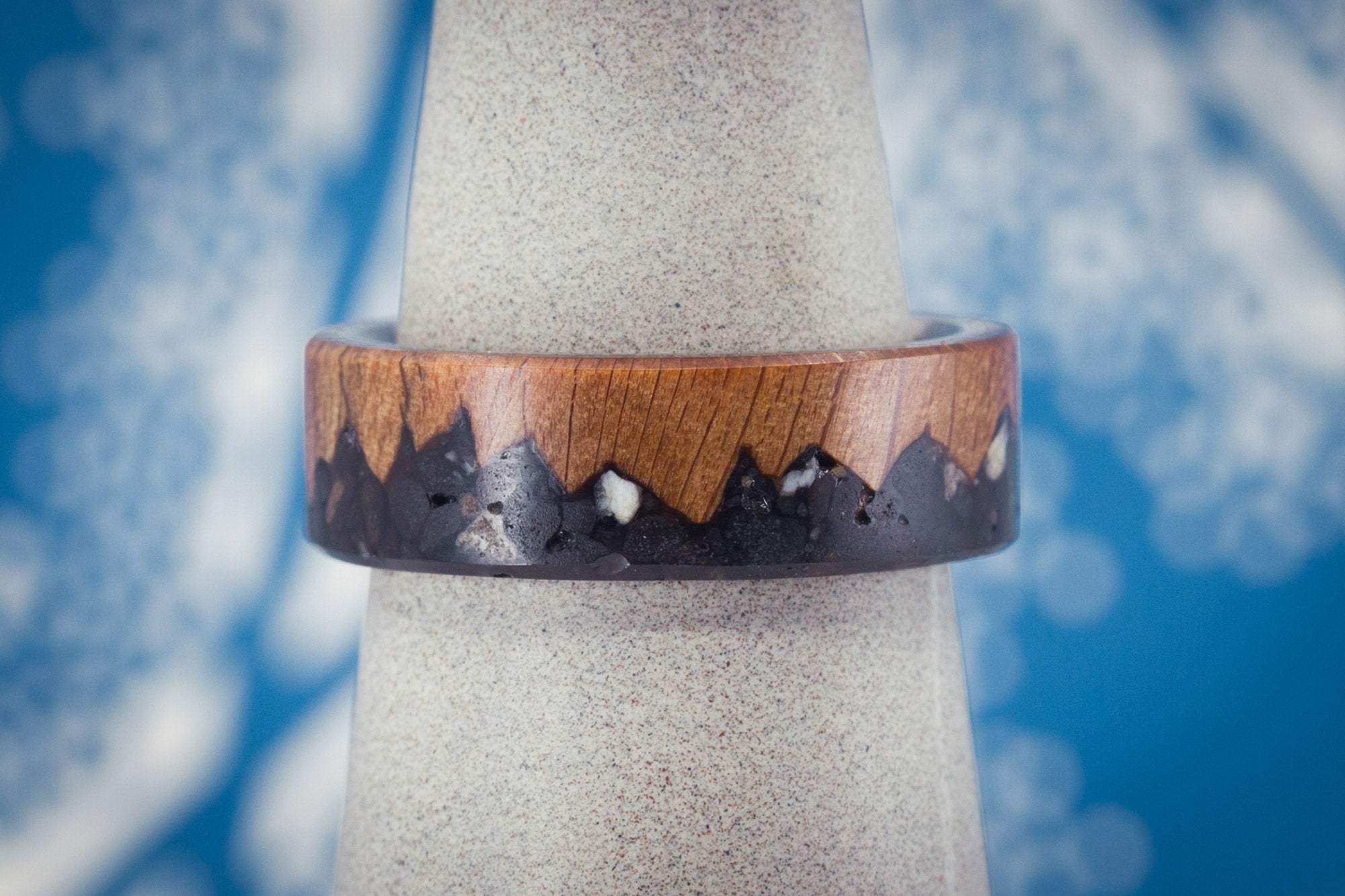 Rustic patagonic stone, wood and titanium ring