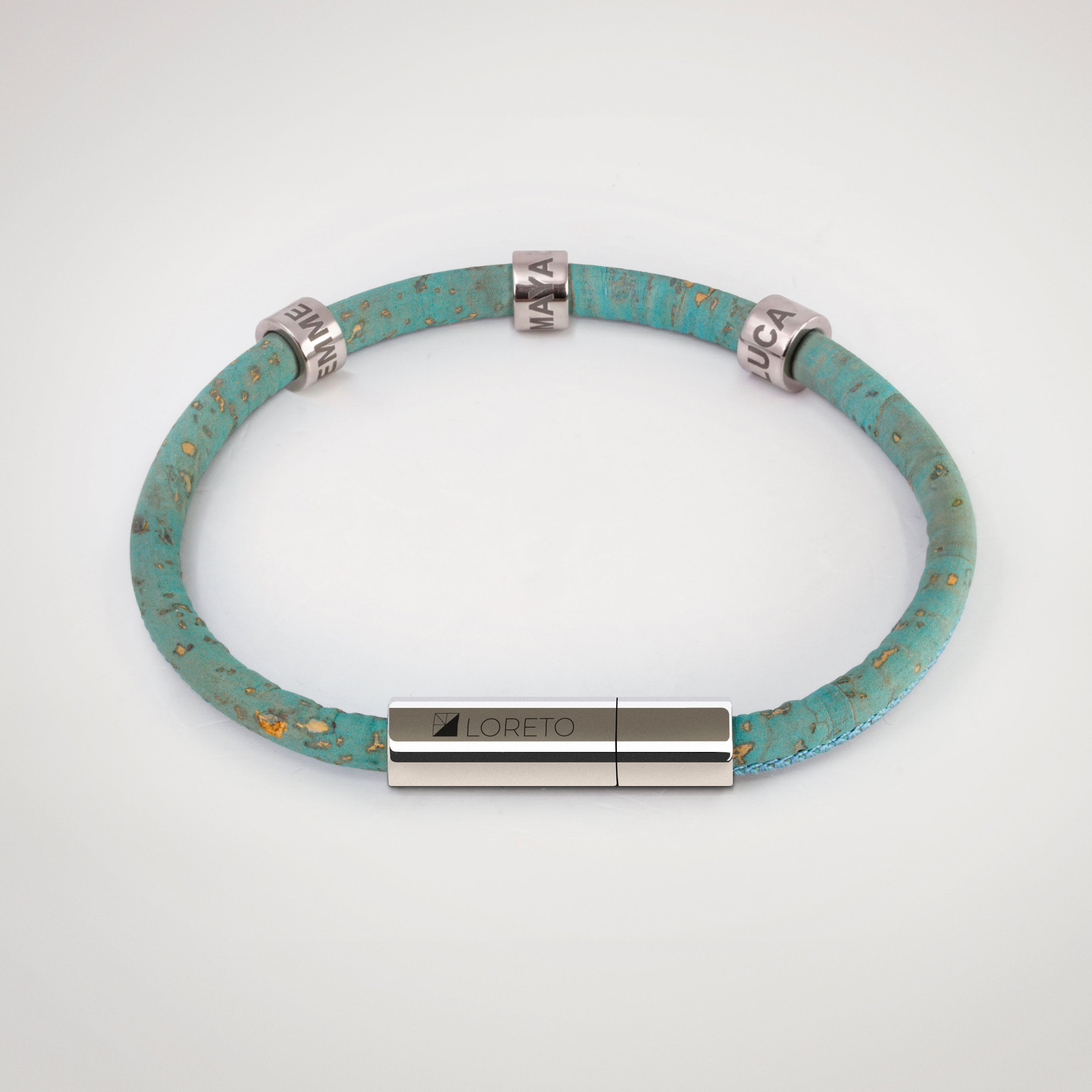 Simple blue bracelet made from natural cork fiber and titanium.