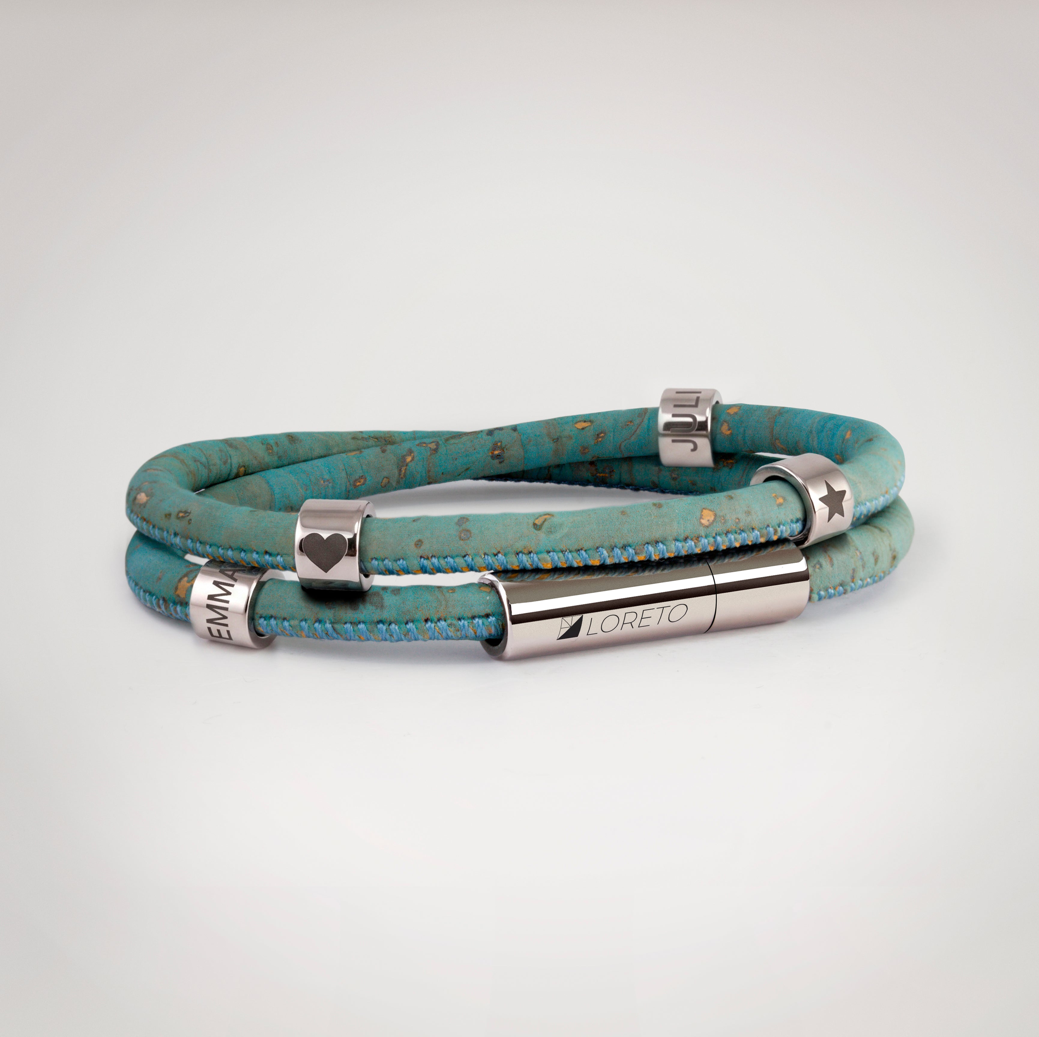 Double blue bracelet made from natural cork fiber and titanium.