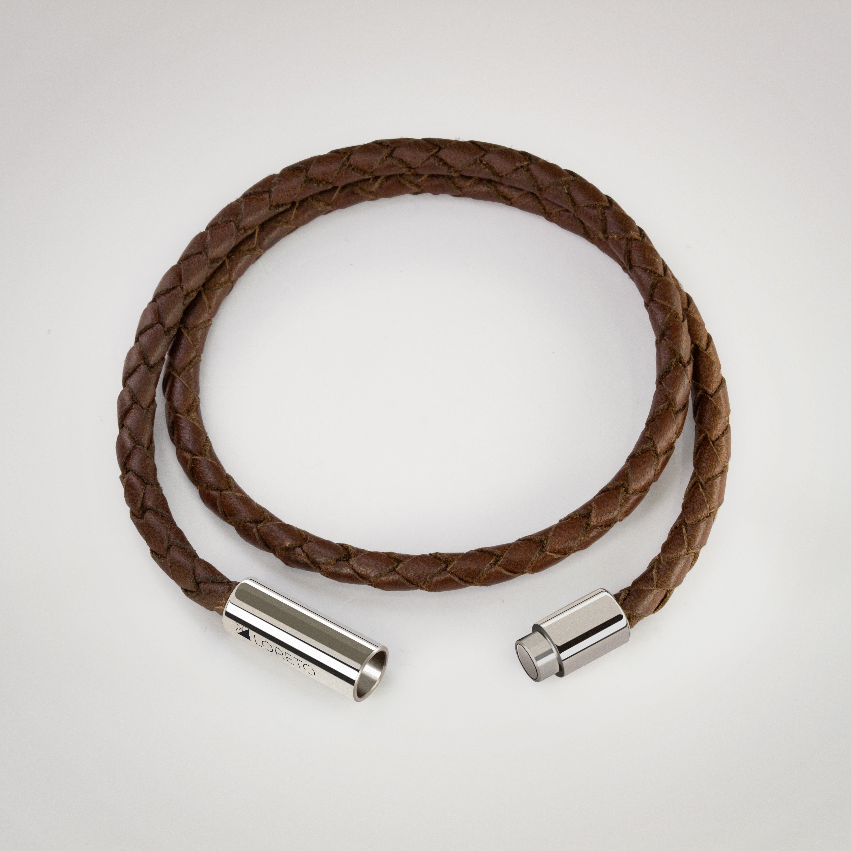 Brown Double Braided Leather Bracelet in 100% Argentine Leather and Ti