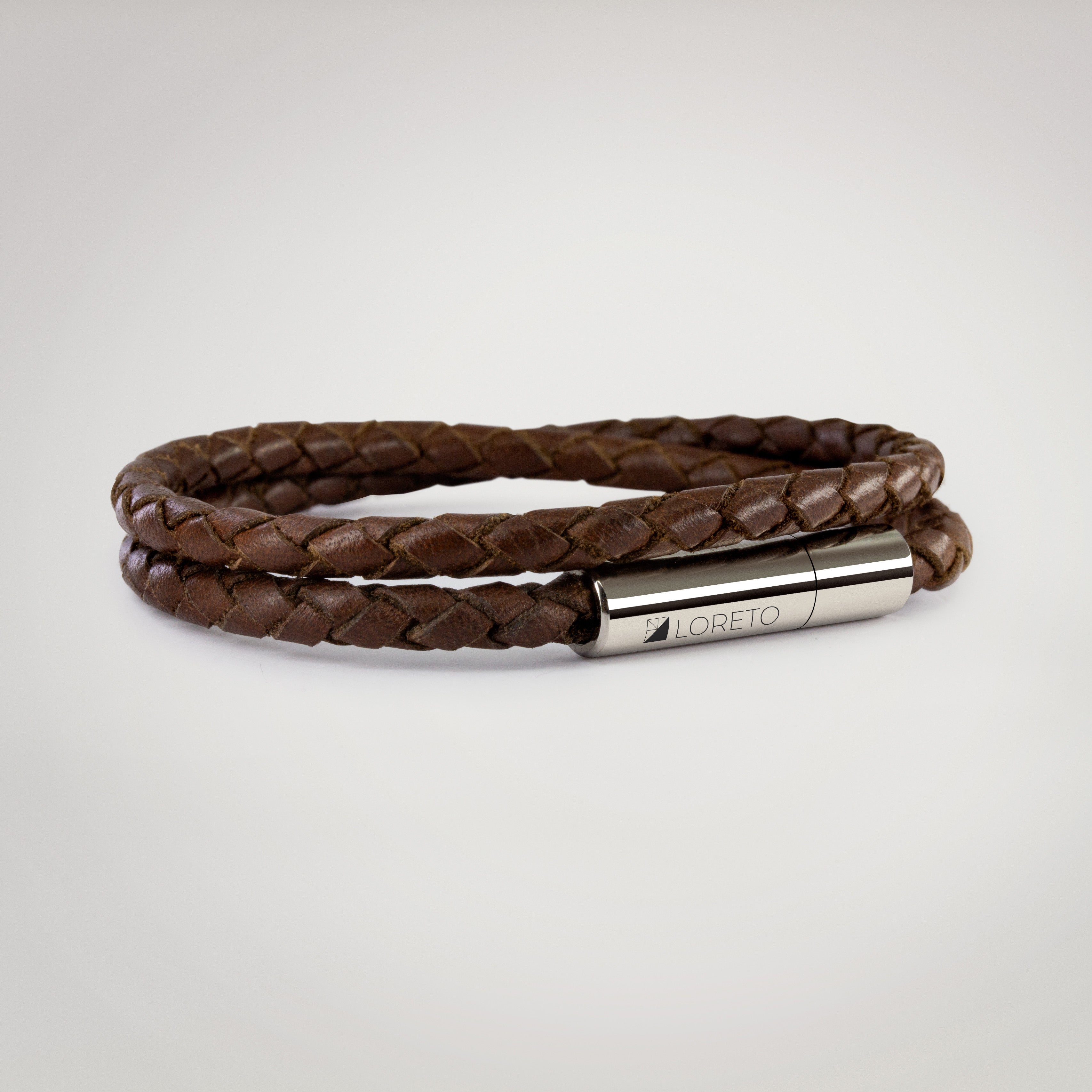 Brown Double Braided Leather Bracelet in 100% Argentine Leather and Ti