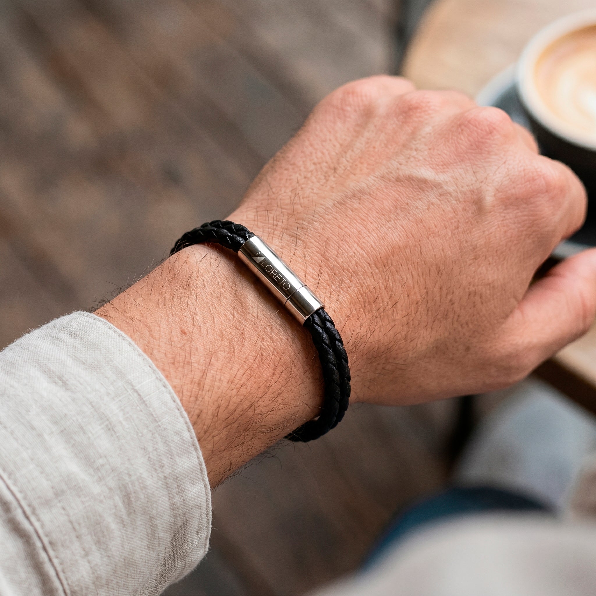 Braided Black Leather Bracelet in 100% Argentine Leather and Titanium