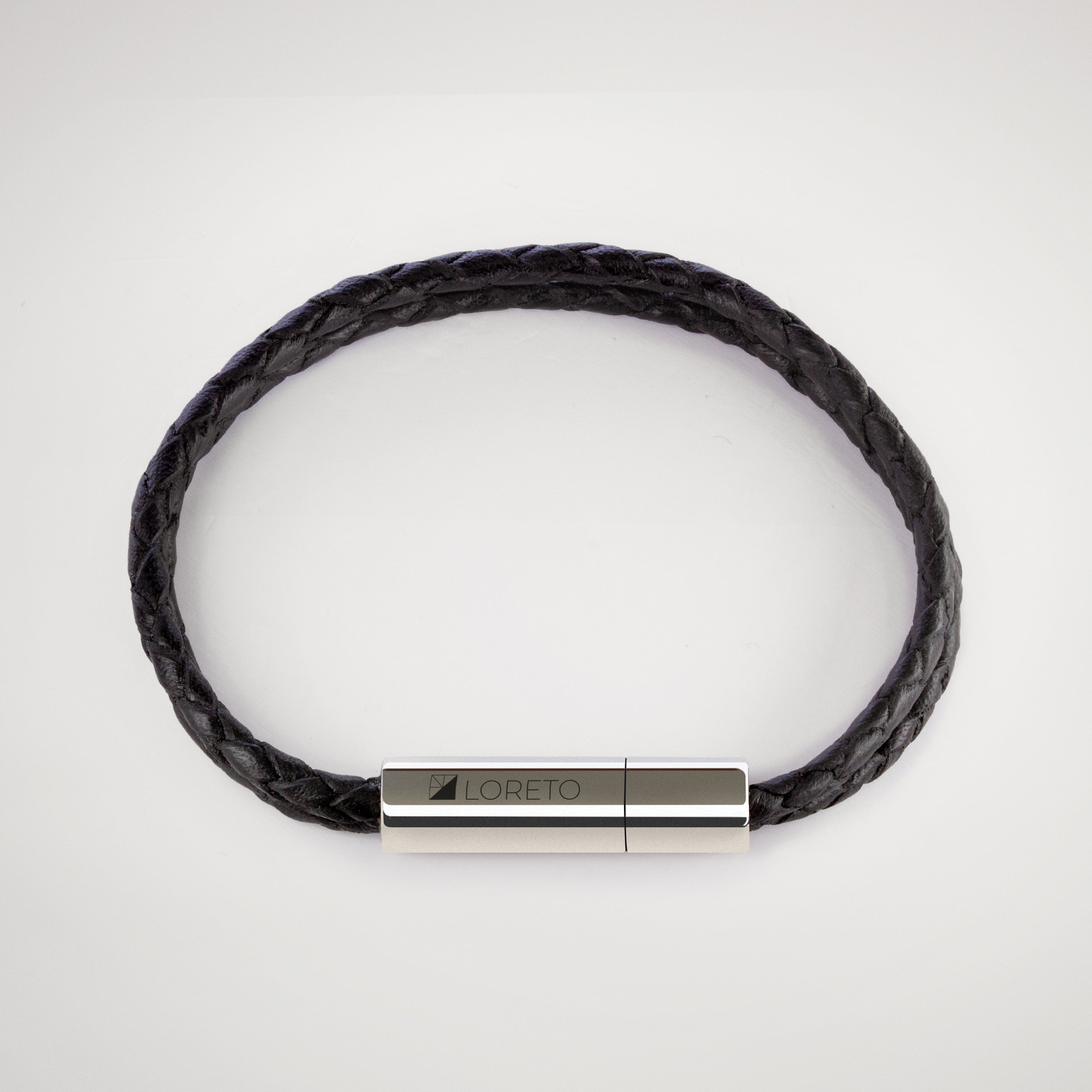 Braided Black Leather Bracelet in 100% Argentine Leather and Titanium