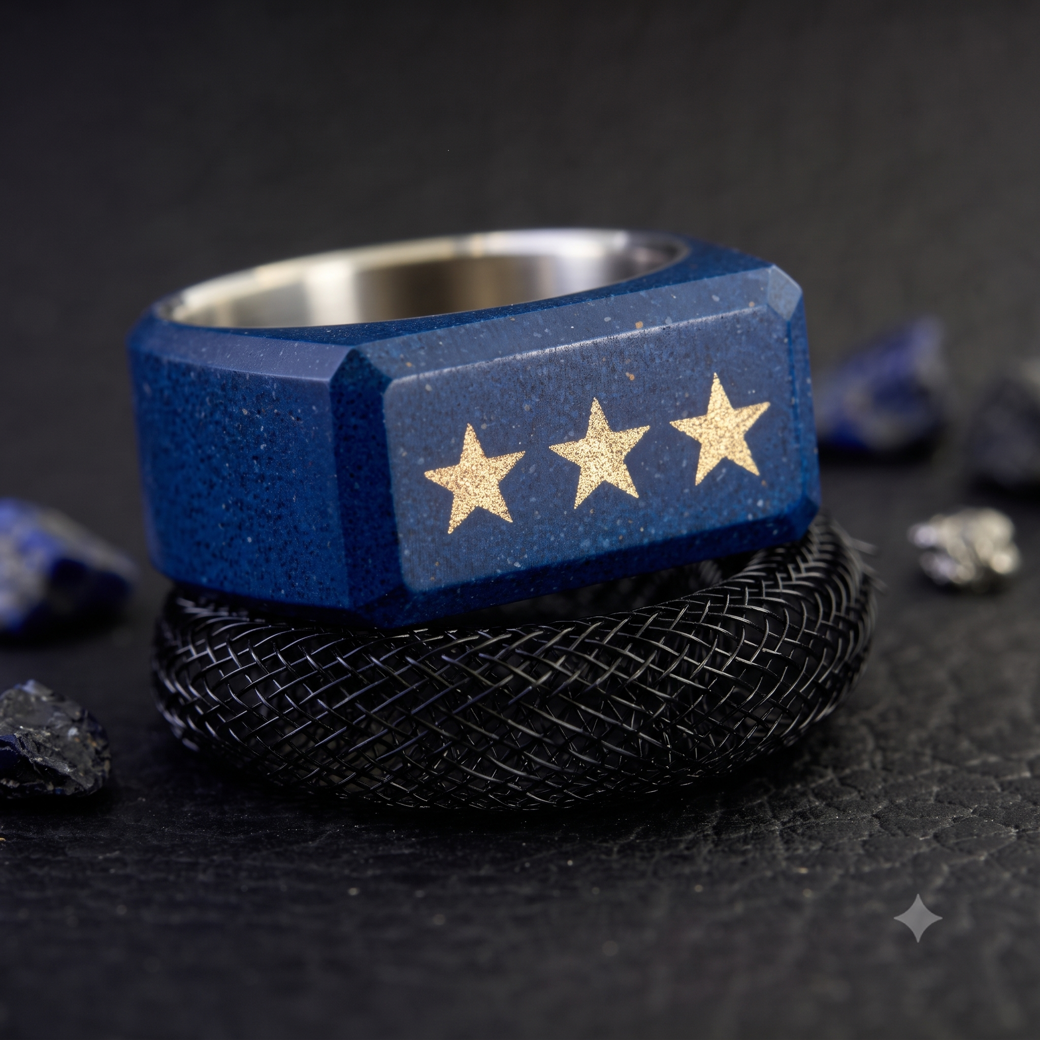 Anillo Tres Estrellas de Hormigón Negro y Titanio