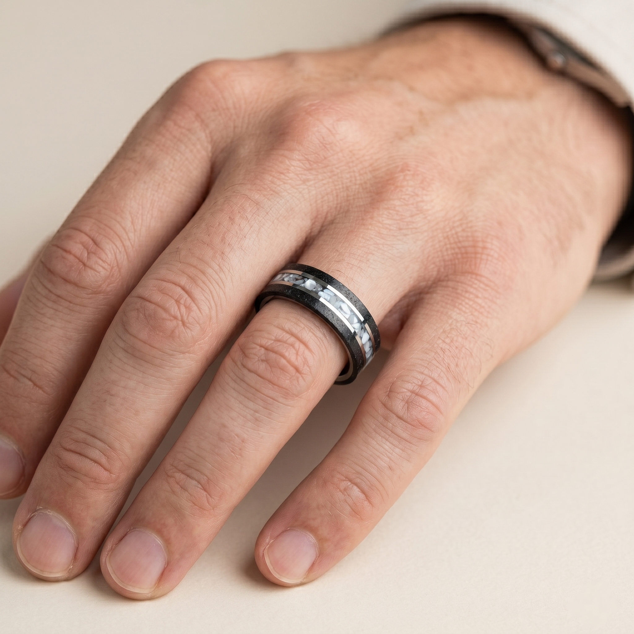 Nacre black concrete and titanium ring