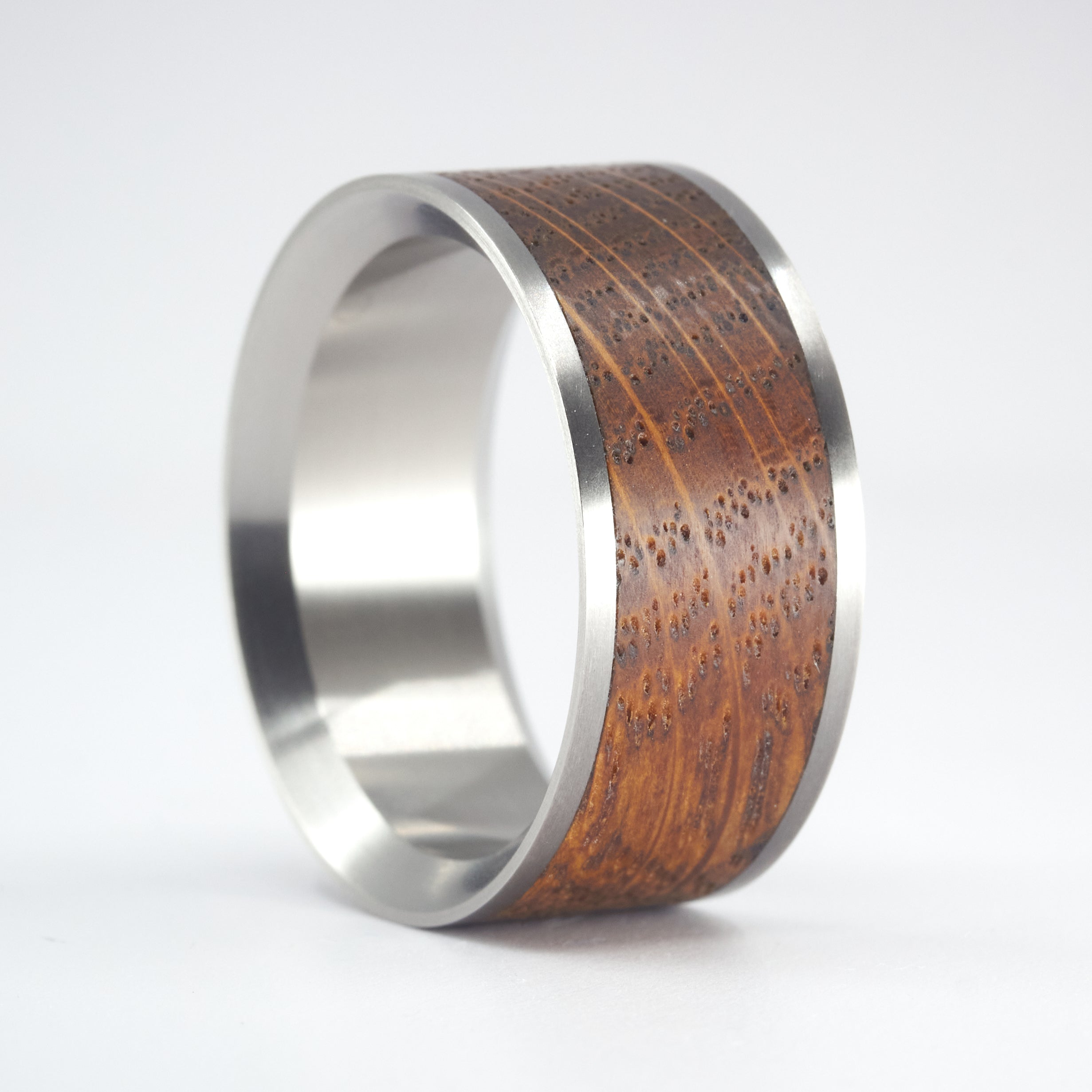 Beveled titanium and Wine Barrel Oak Ring