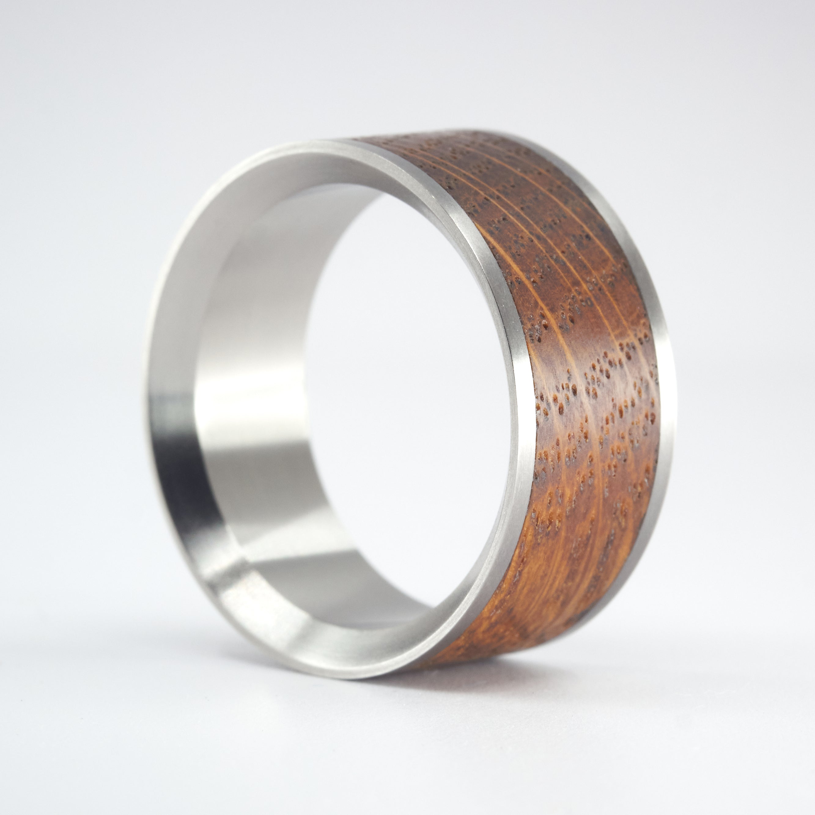 Beveled titanium and Wine Barrel Oak Ring