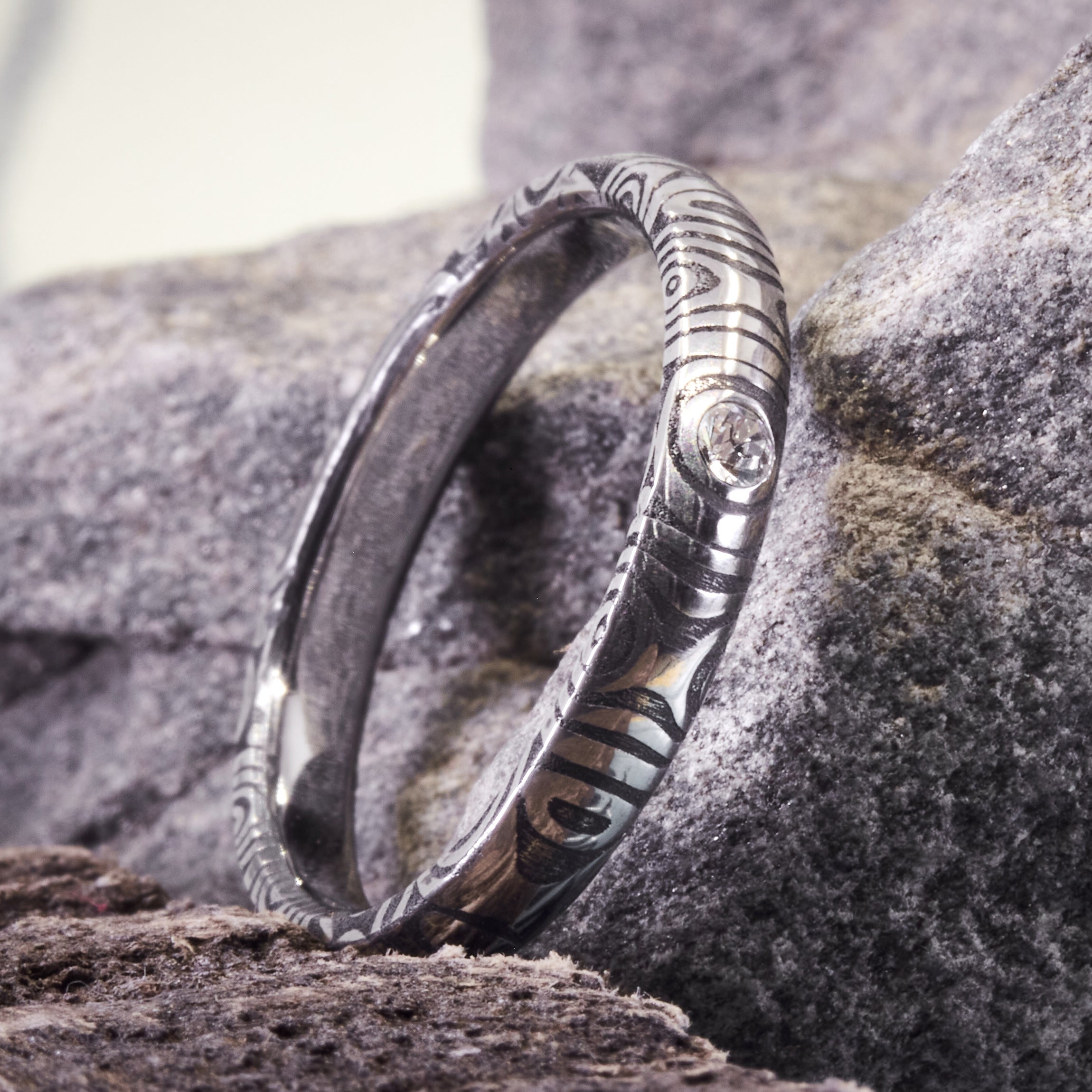 Darkened Damascus steel women Ring