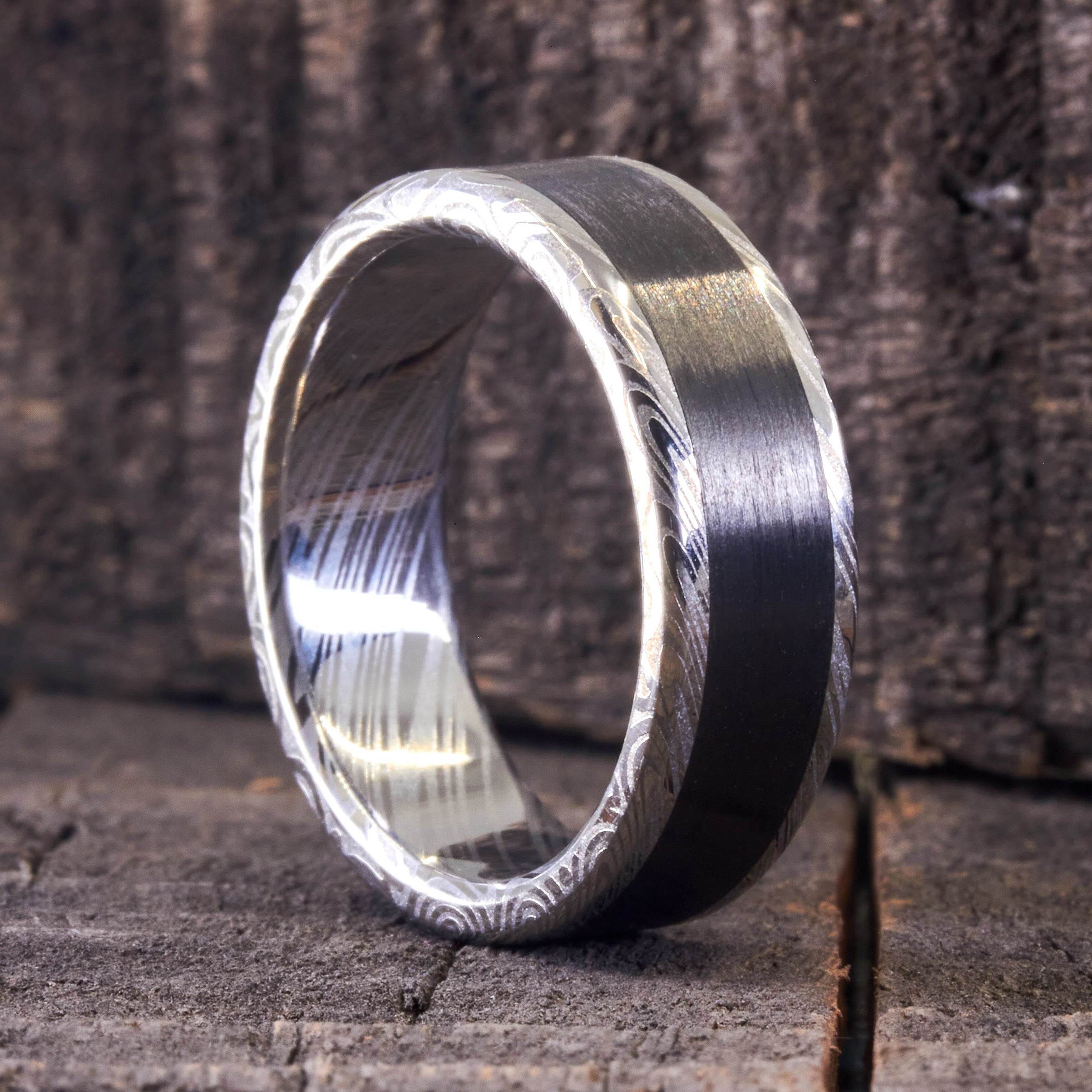 Polished Damascus steel and Carbon fiber men ring