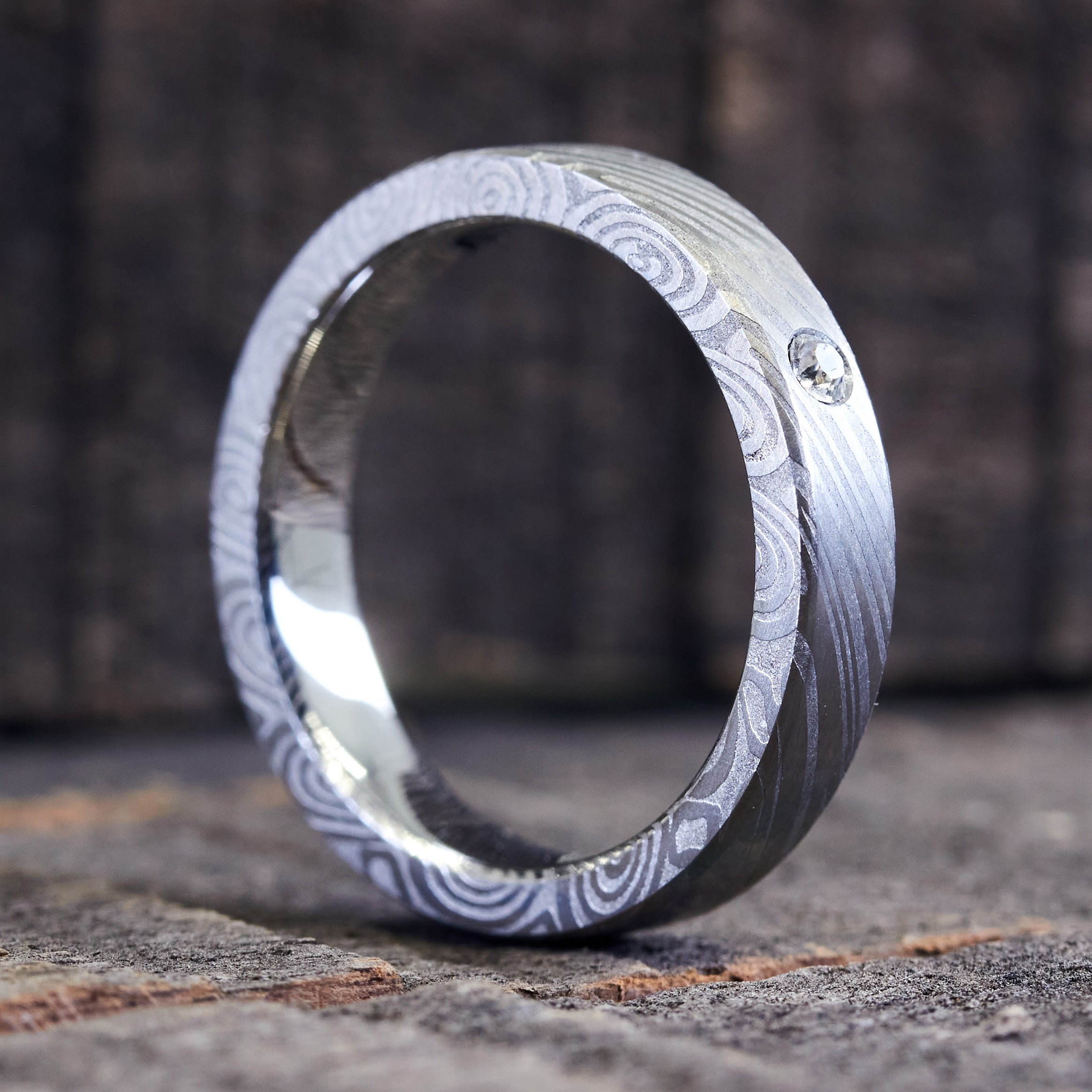 Flat Damascus steel ring
