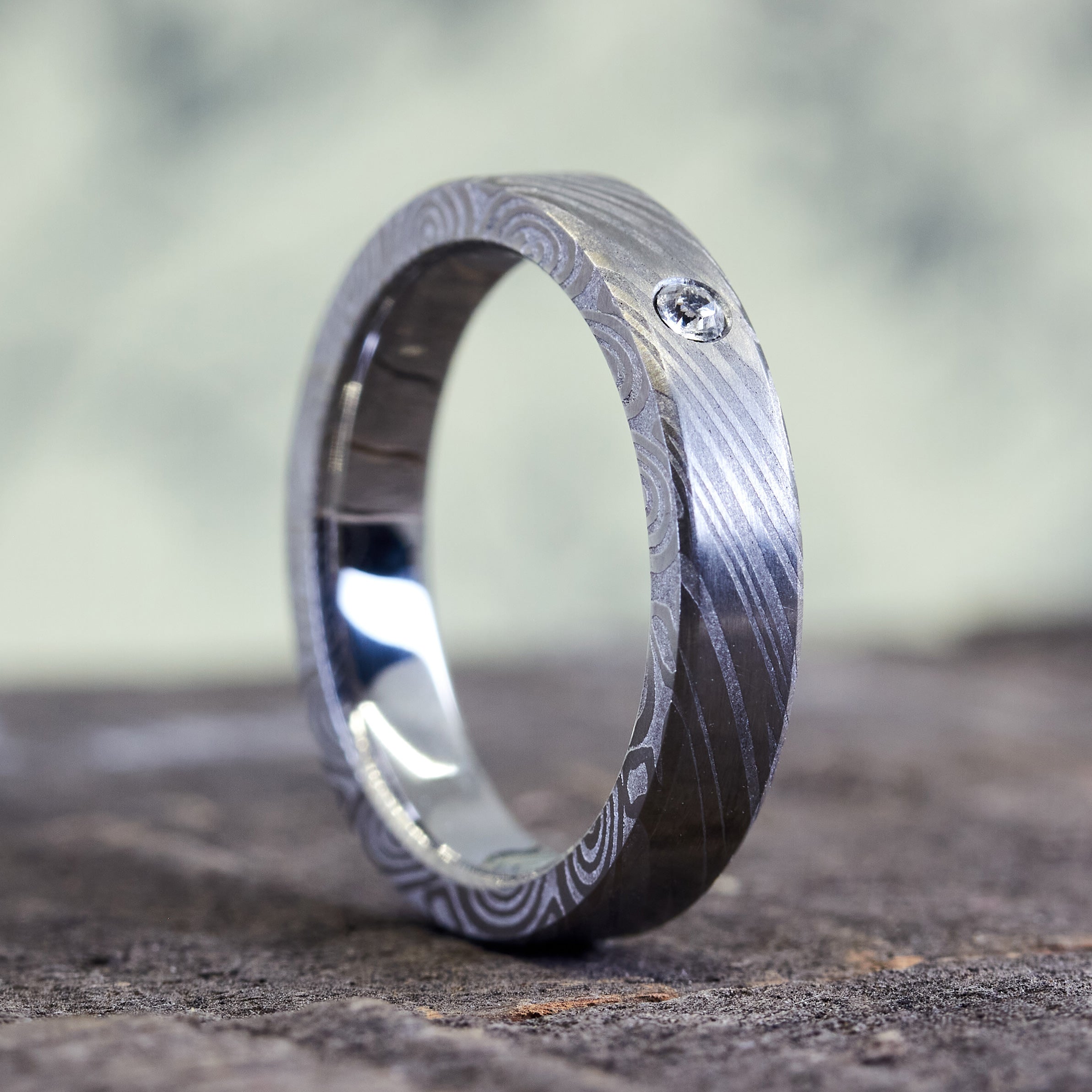Flat Damascus steel ring
