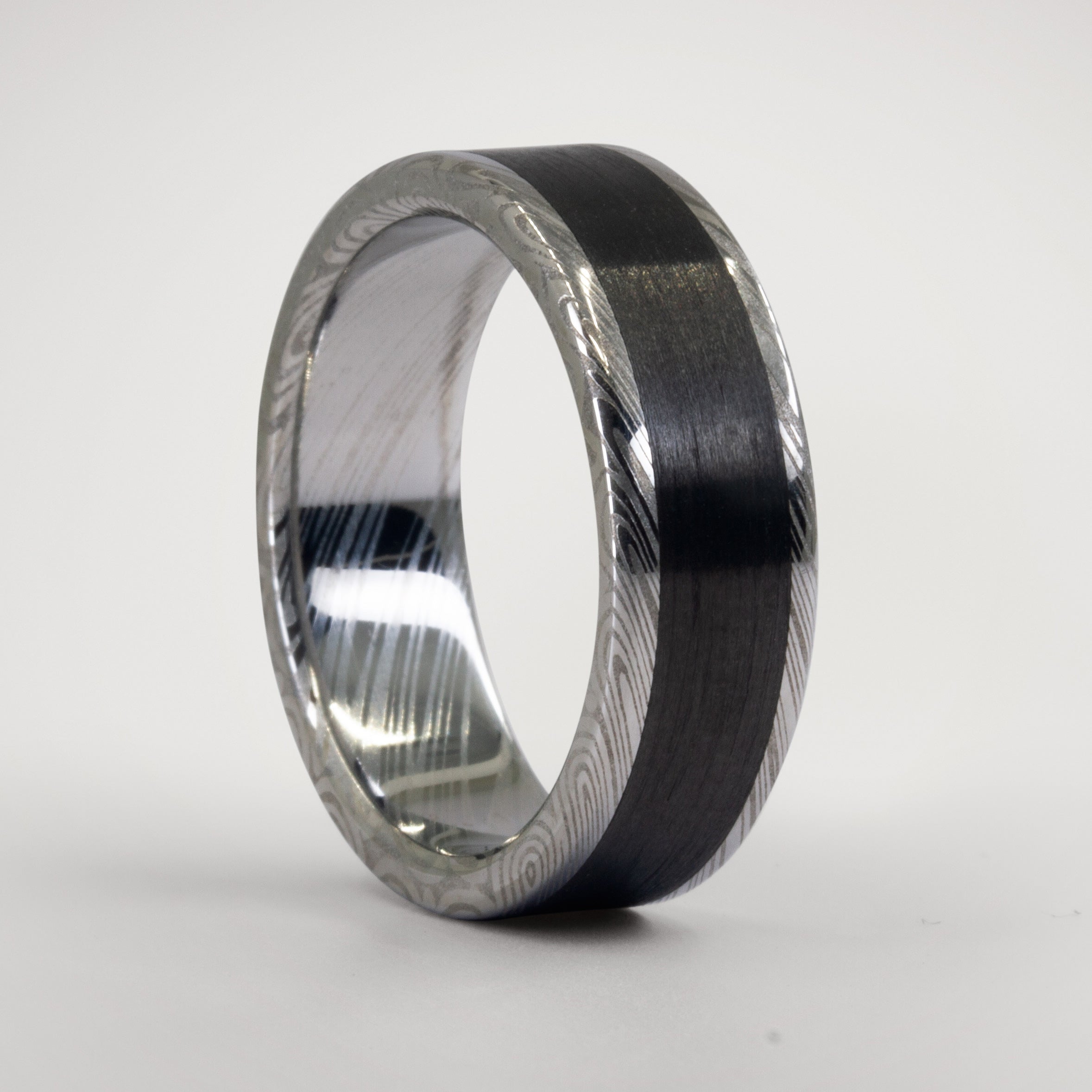 Polished Damascus steel and Carbon fiber men ring