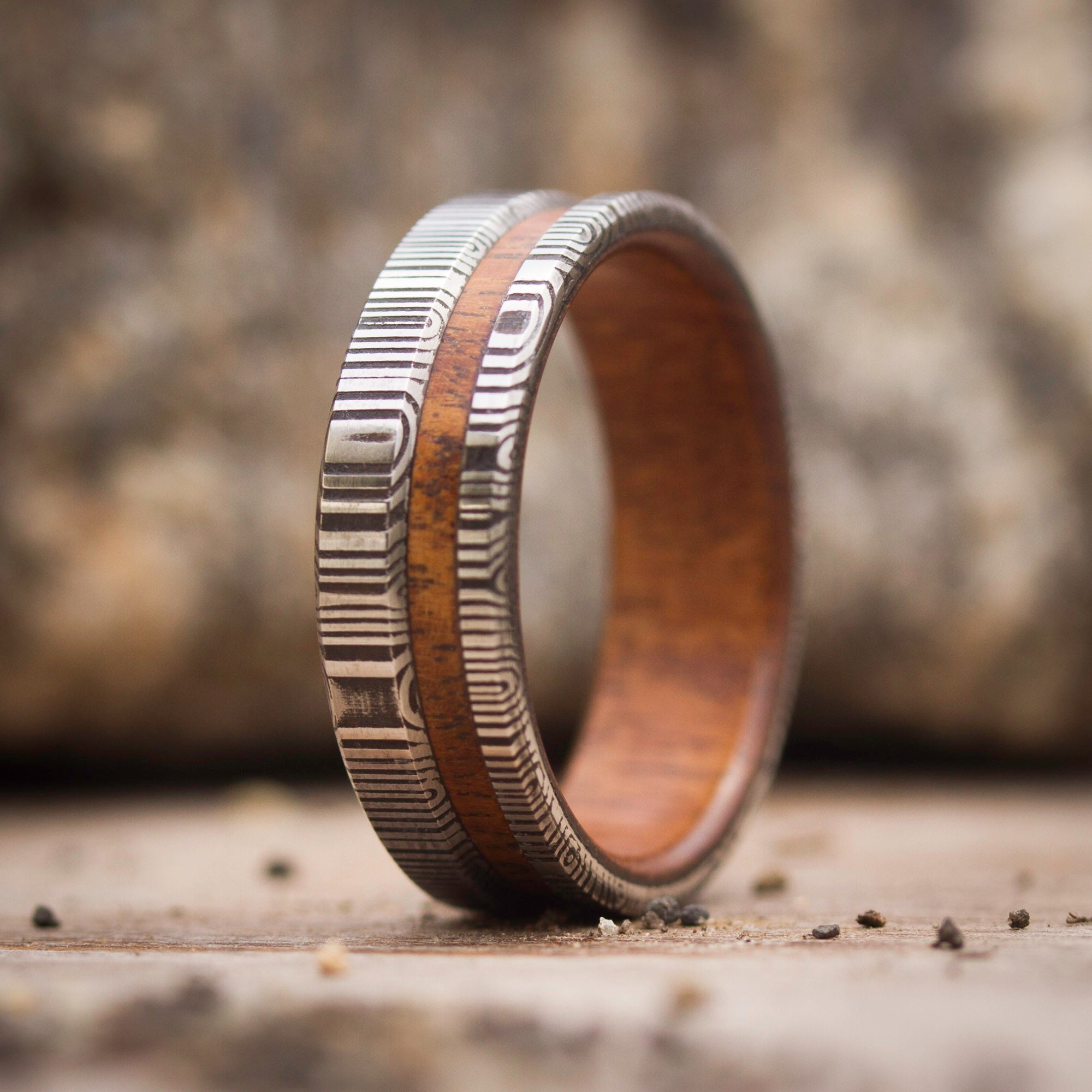 Darkened damascus steel & wood ring