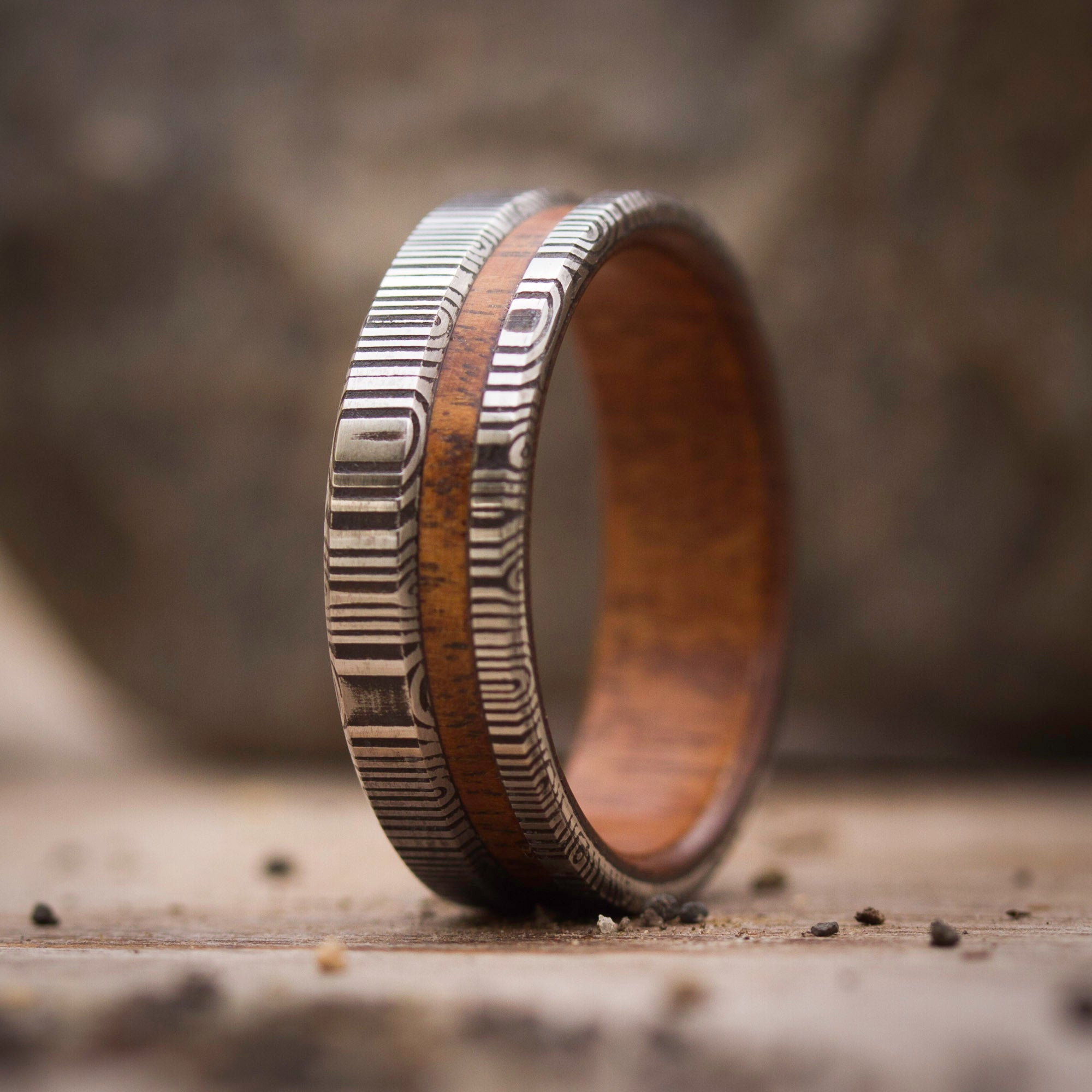 Darkened damascus steel & wood ring