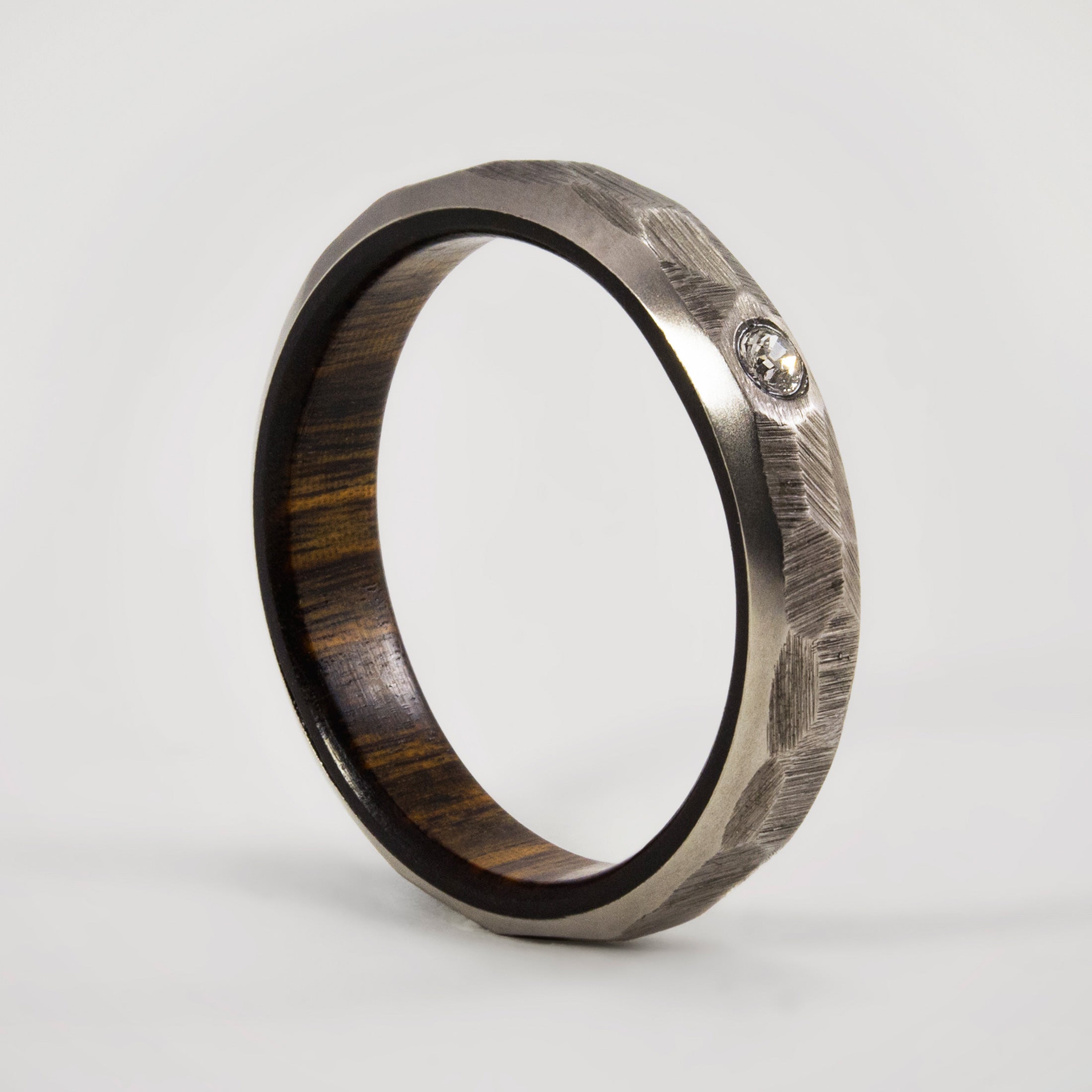 Hammered titanium and wood with crystal ring