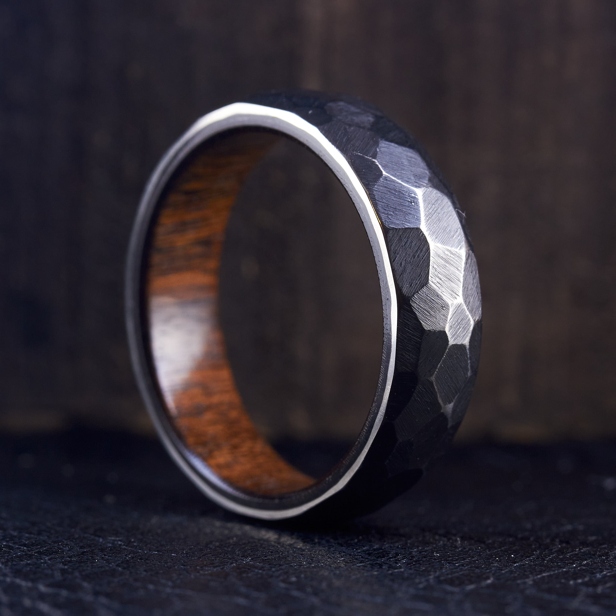 Hammered Black Zirconium & Wood ring