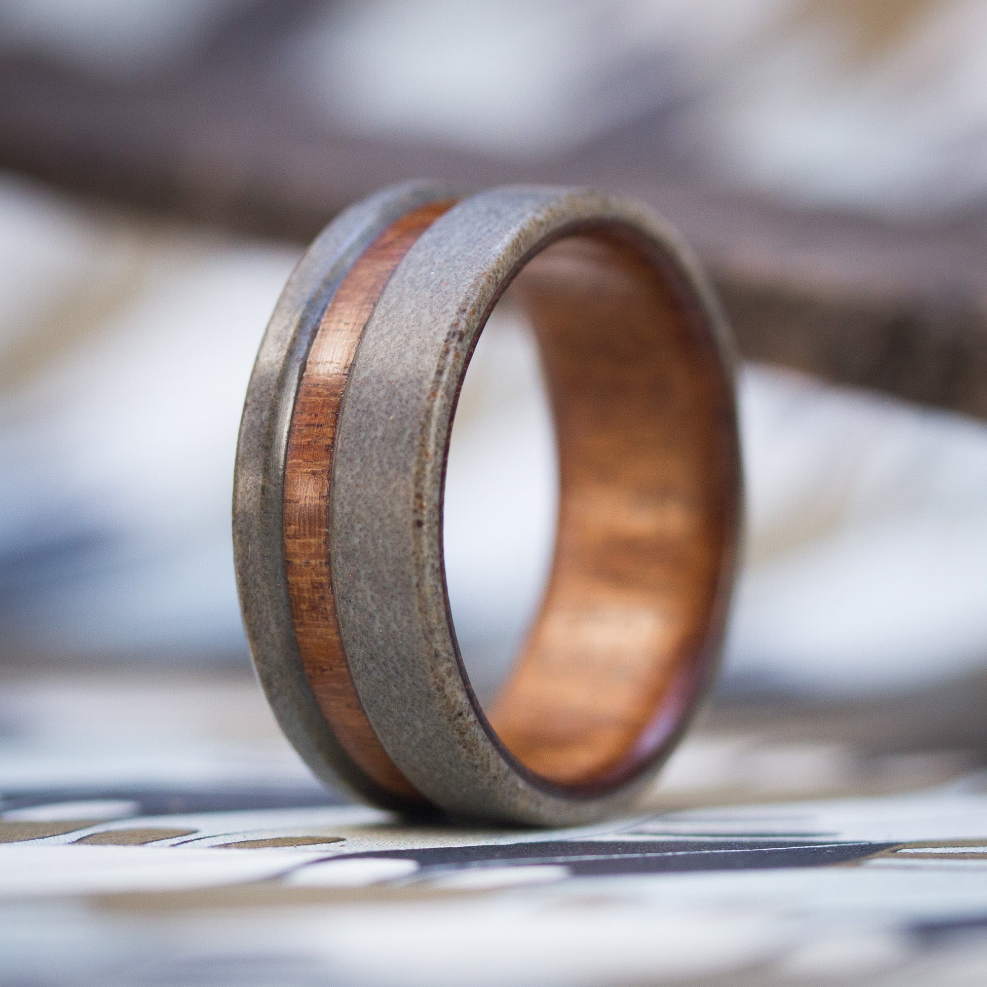 Gray concrete & wood low relief ring