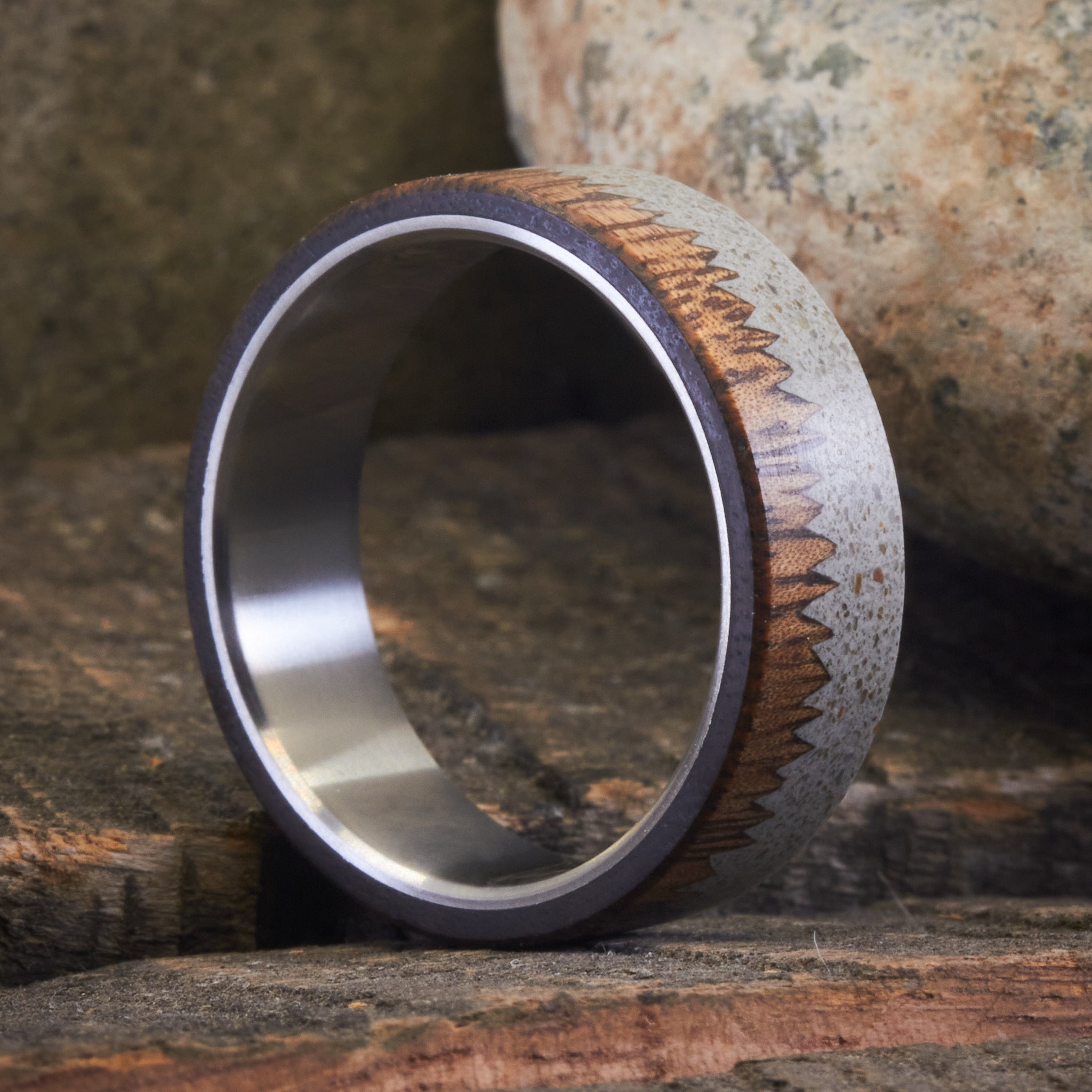 Gray concrete, wood & titanium ring