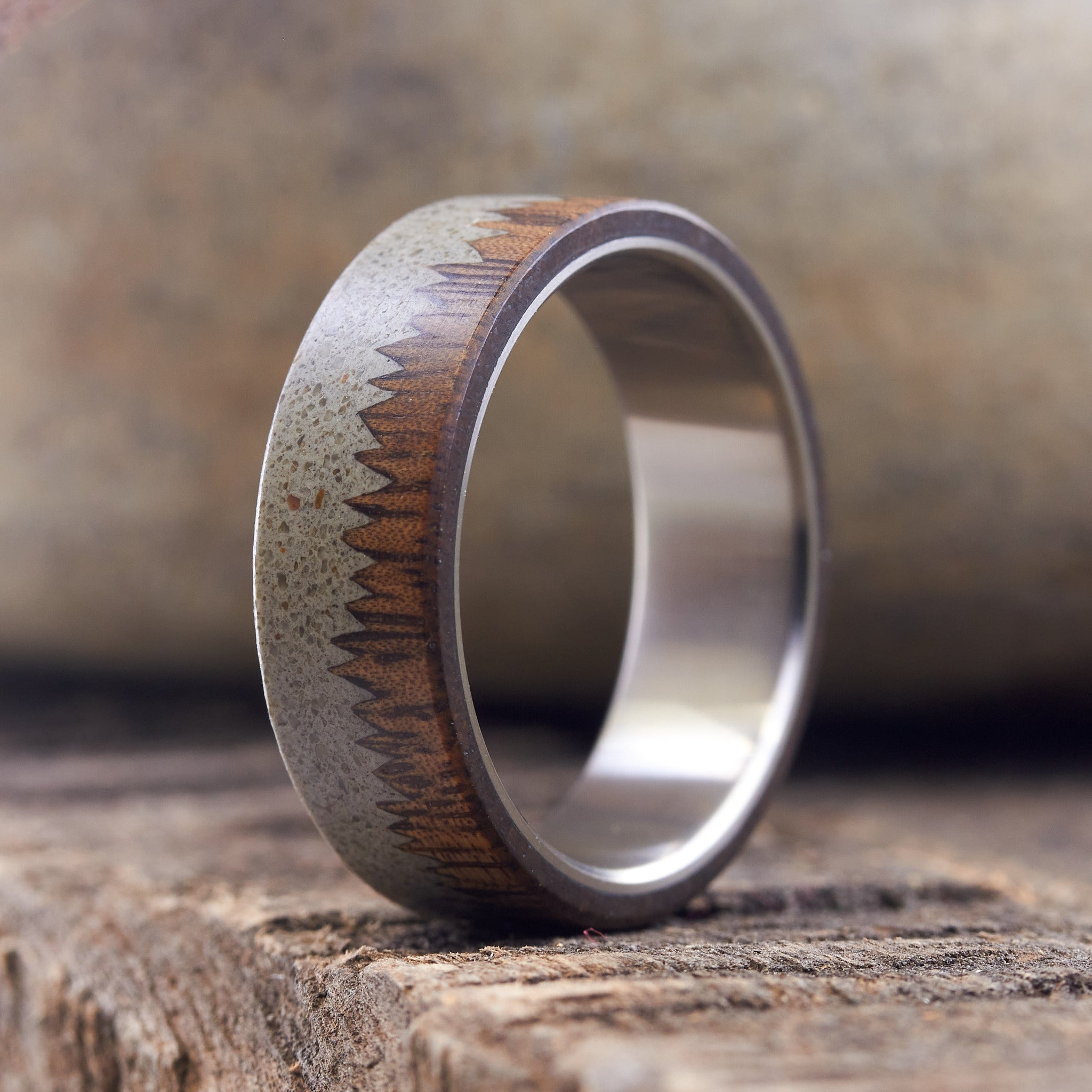 Gray concrete, wood & titanium ring