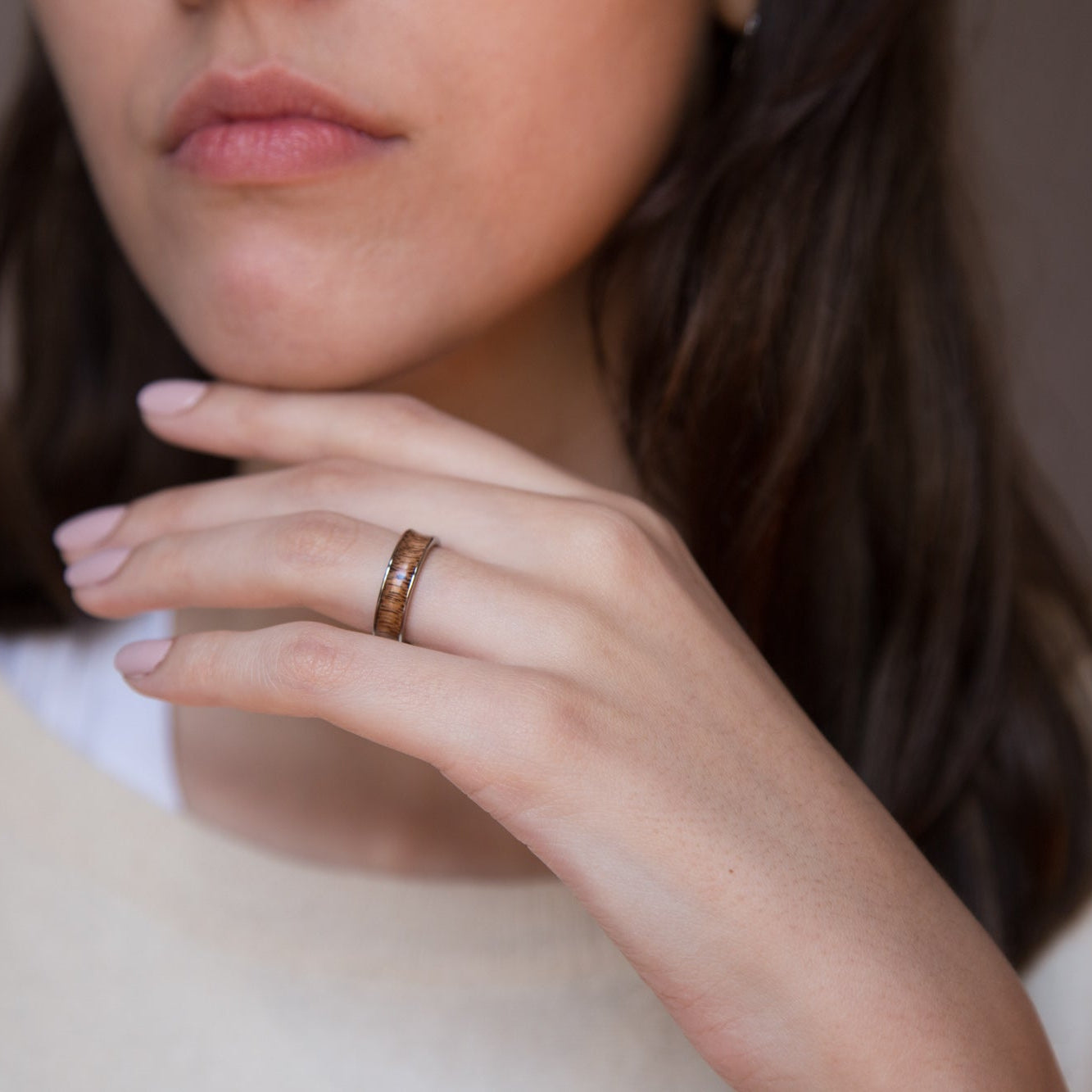 wood and polished titanium women ring
