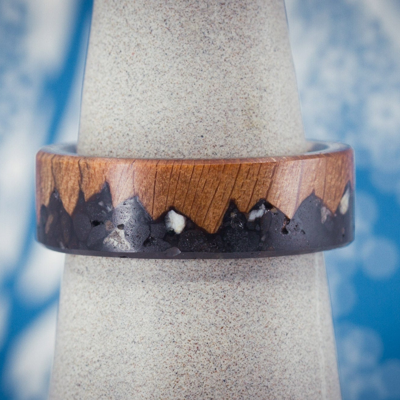Rustic patagonic stone, wood and titanium ring
