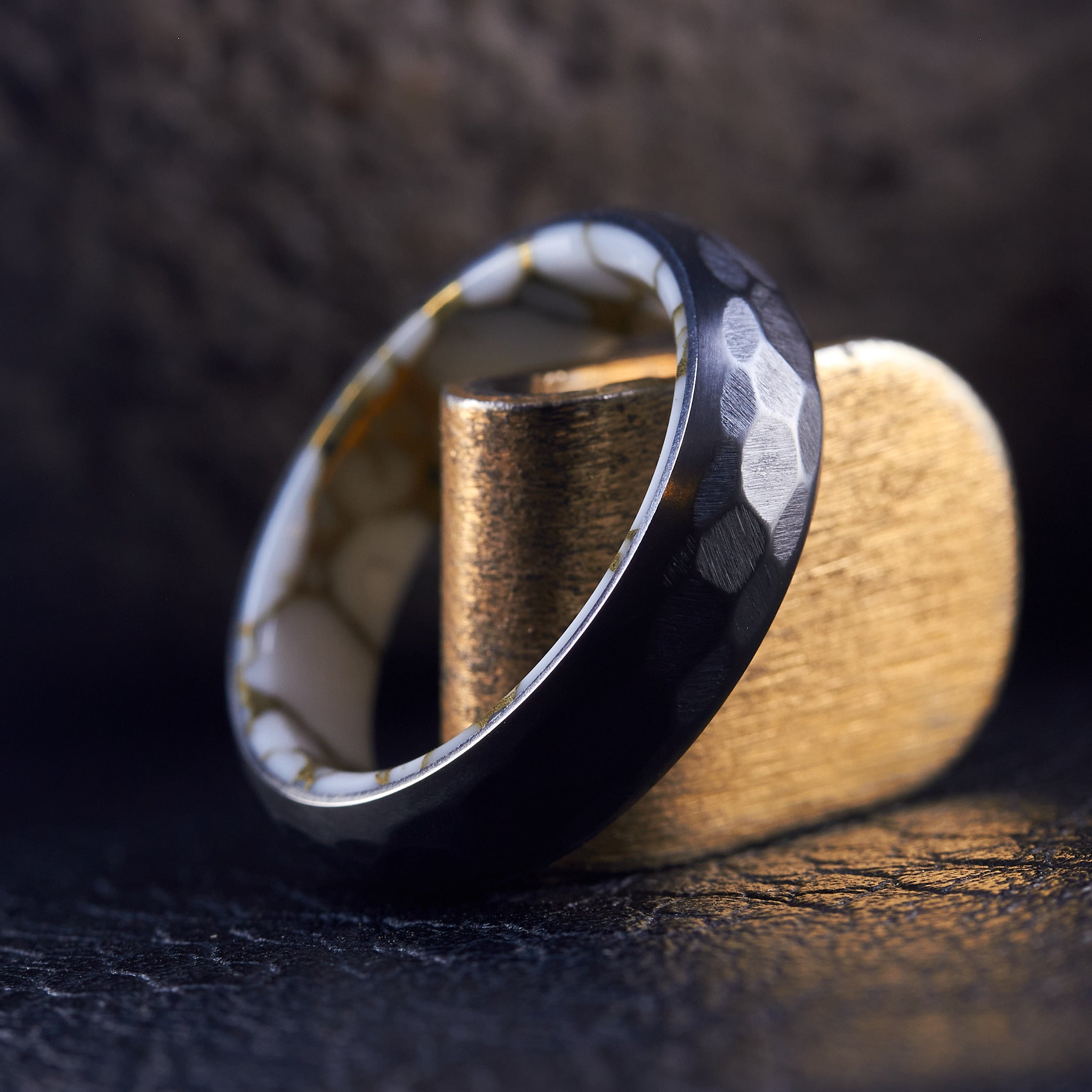 Hammered Black Zirconium & White Trustone ring